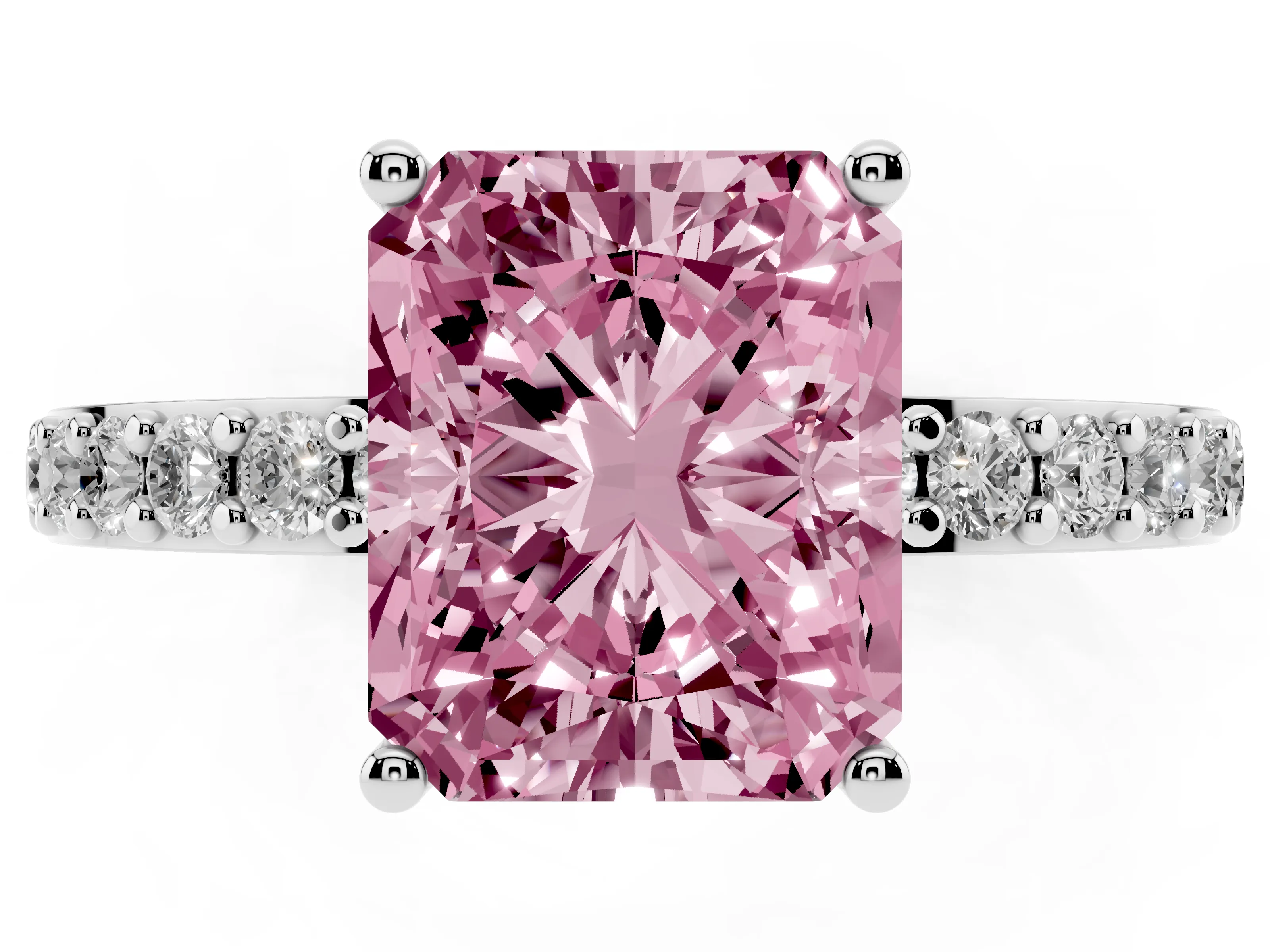Fancy Pink Radiant Cut Diamond Solitaire Set in White gold with Round Pavé Band and Prong Setting