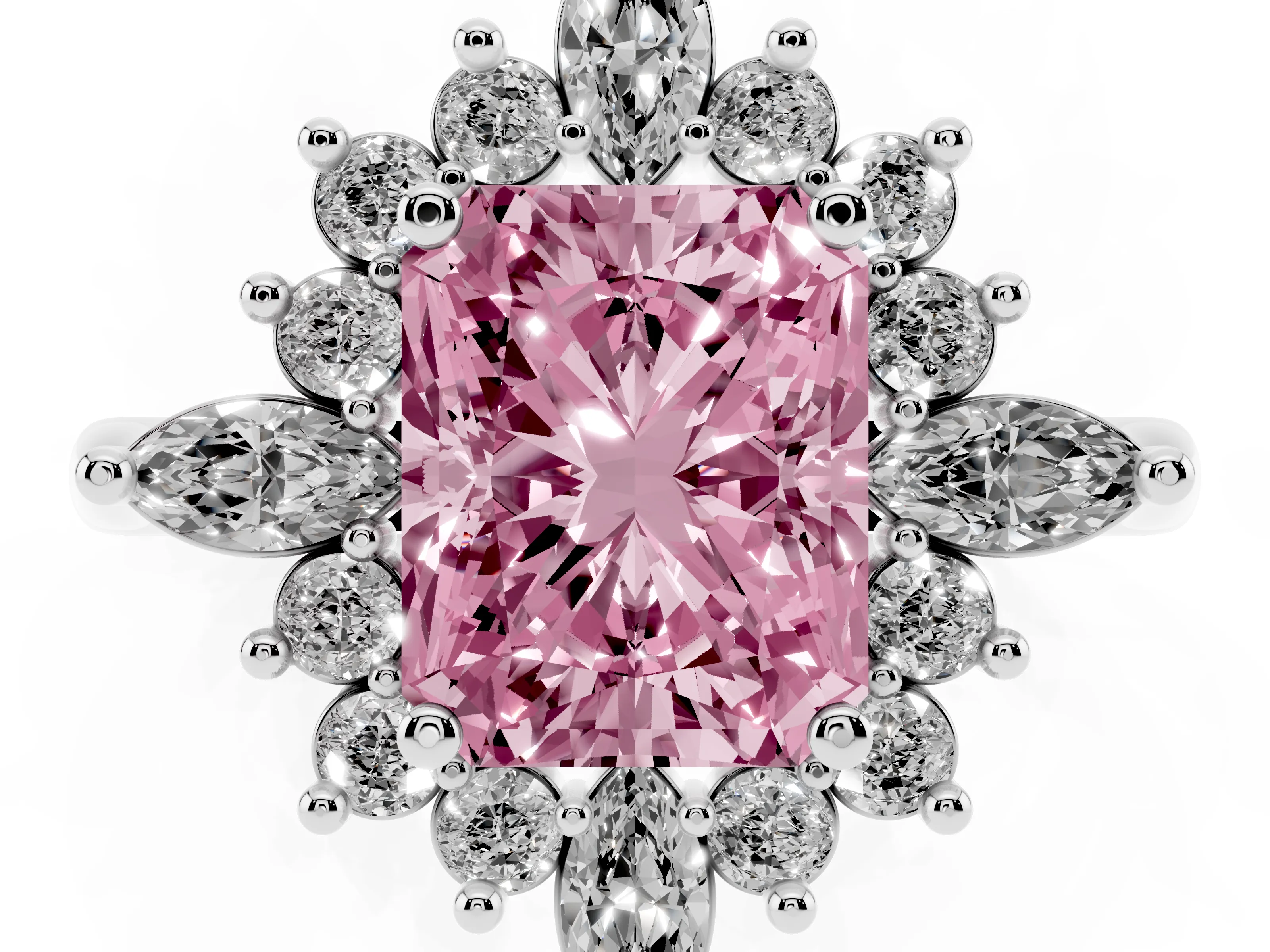 Fancy Pink Radiant Cut Diamond Cluster Halo Ring Set in Platinum with Marquise and Round Accents