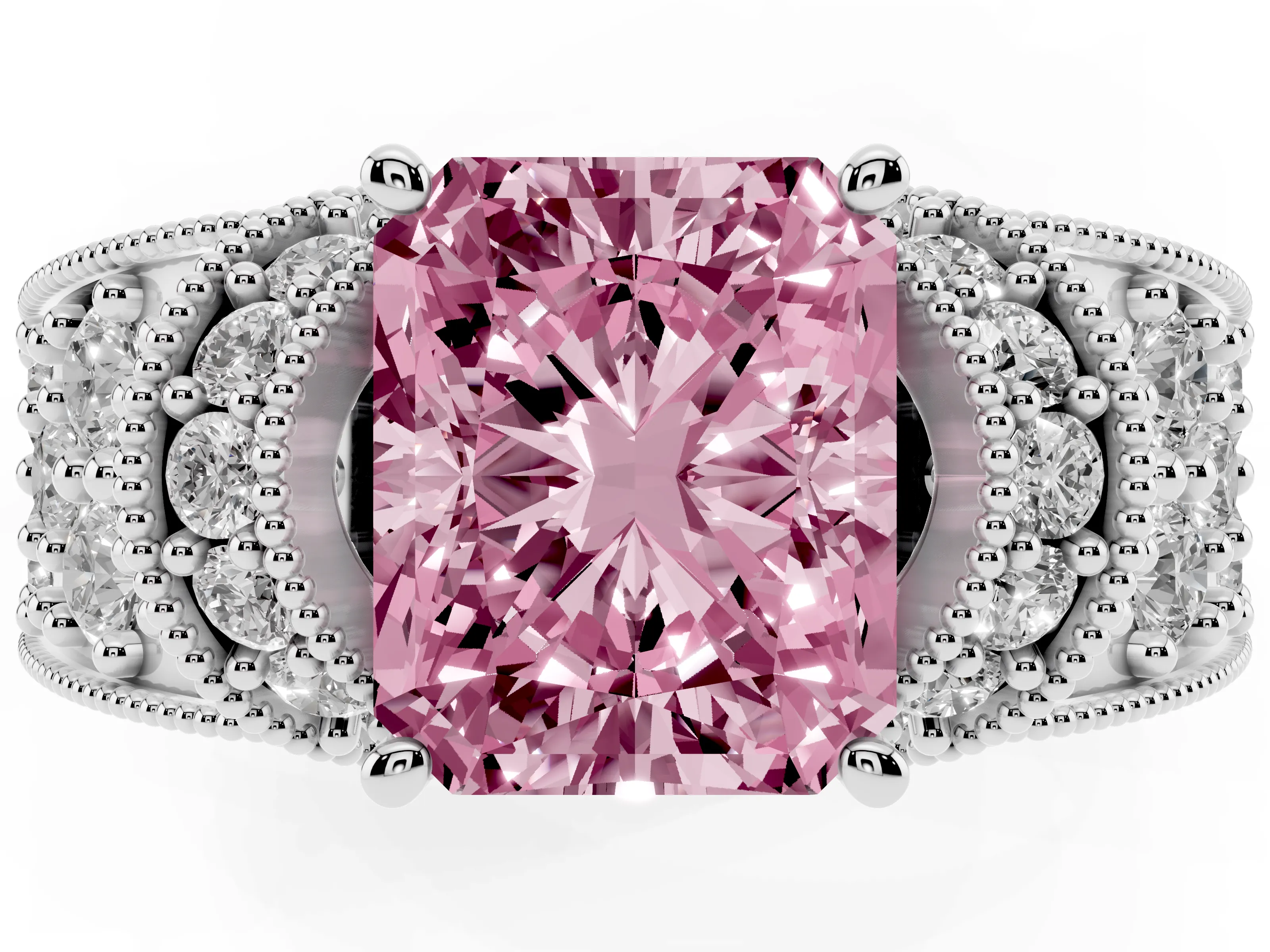 Fancy Pink Radiant Cut Diamond Milgrain Halo Pavé Engagement Ring Set in White gold with Prong Setting