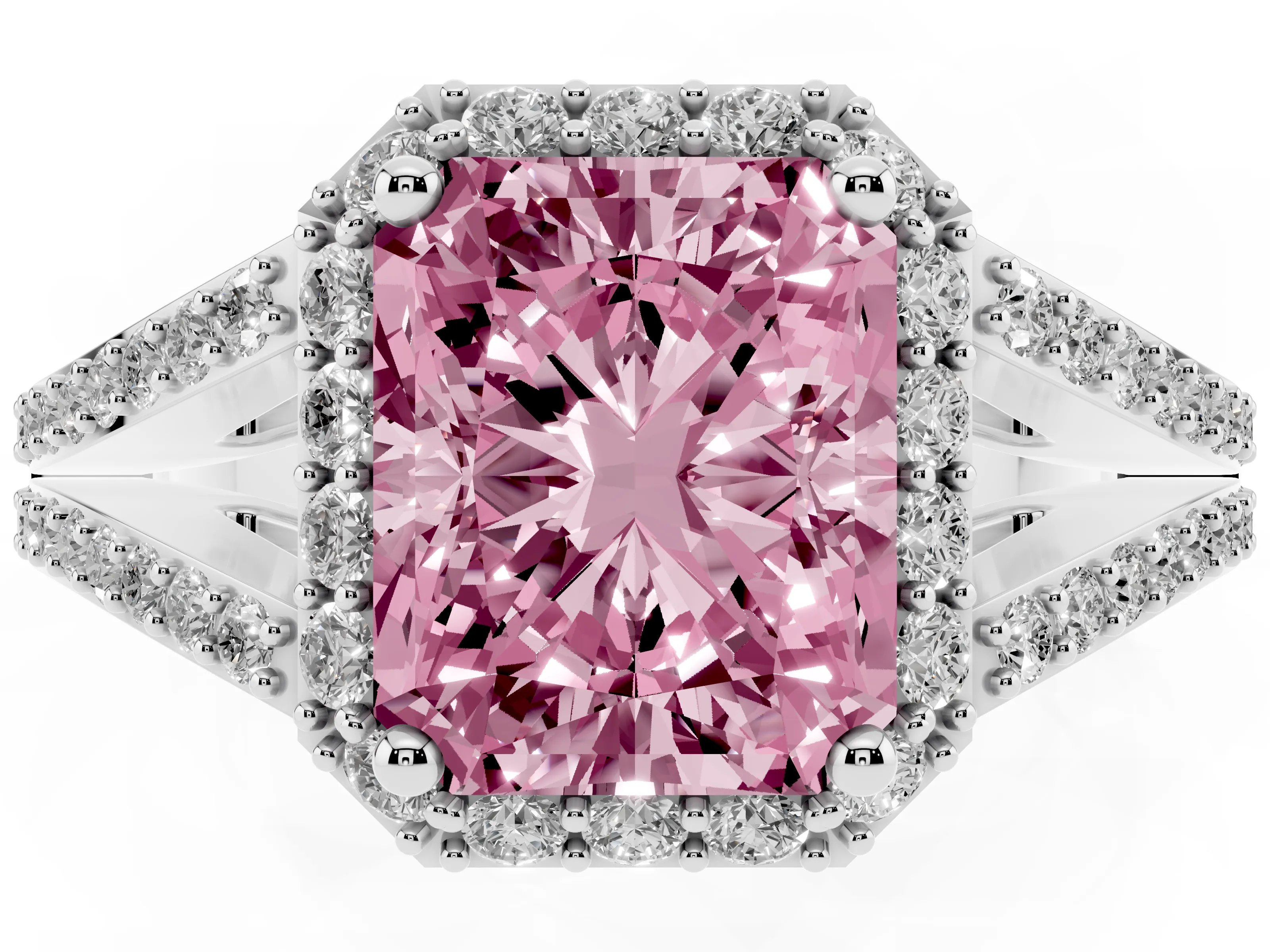 Fancy Pink Radiant Cut Diamond Halo Split Shank Pavé Ring Set in Silver with Prong Setting