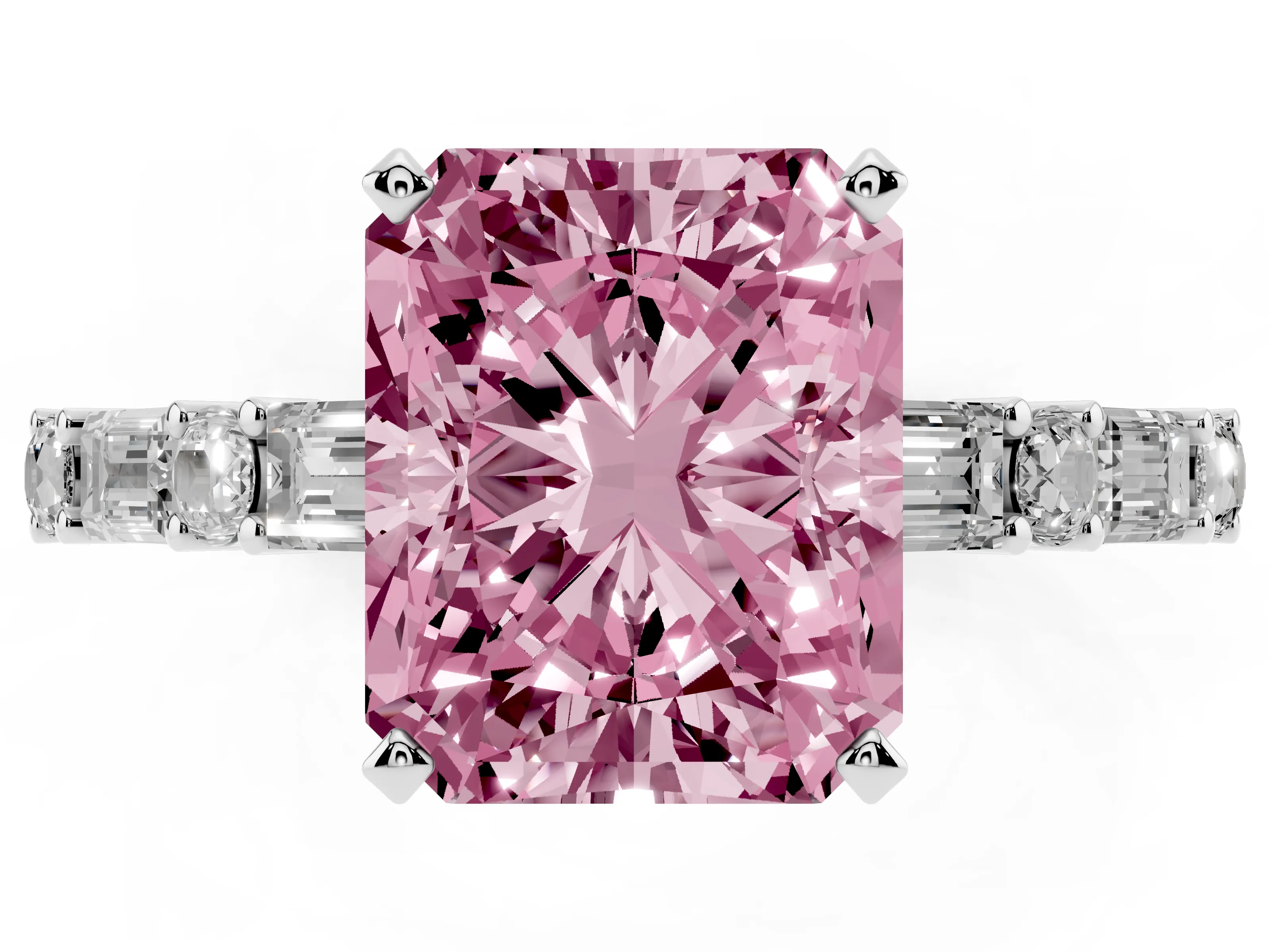 Fancy Pink Radiant Cut Diamond Solitaire Set in Platinum with Side Baguettes and Channel Set Band