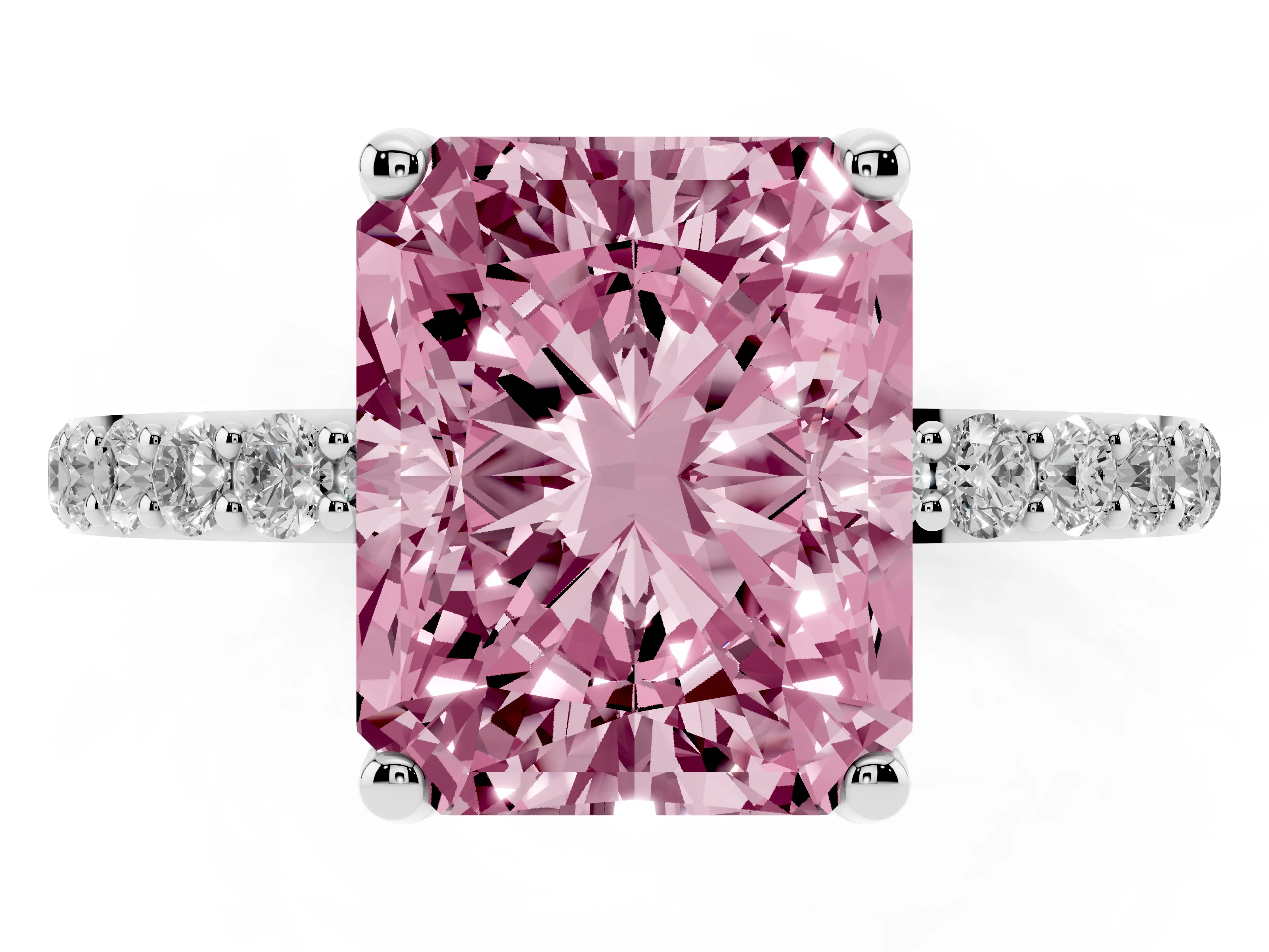 Fancy Pink Radiant Cut Diamond Solitaire Engagement Ring Set in Platinum with Round Pavé Band and Prong Setting