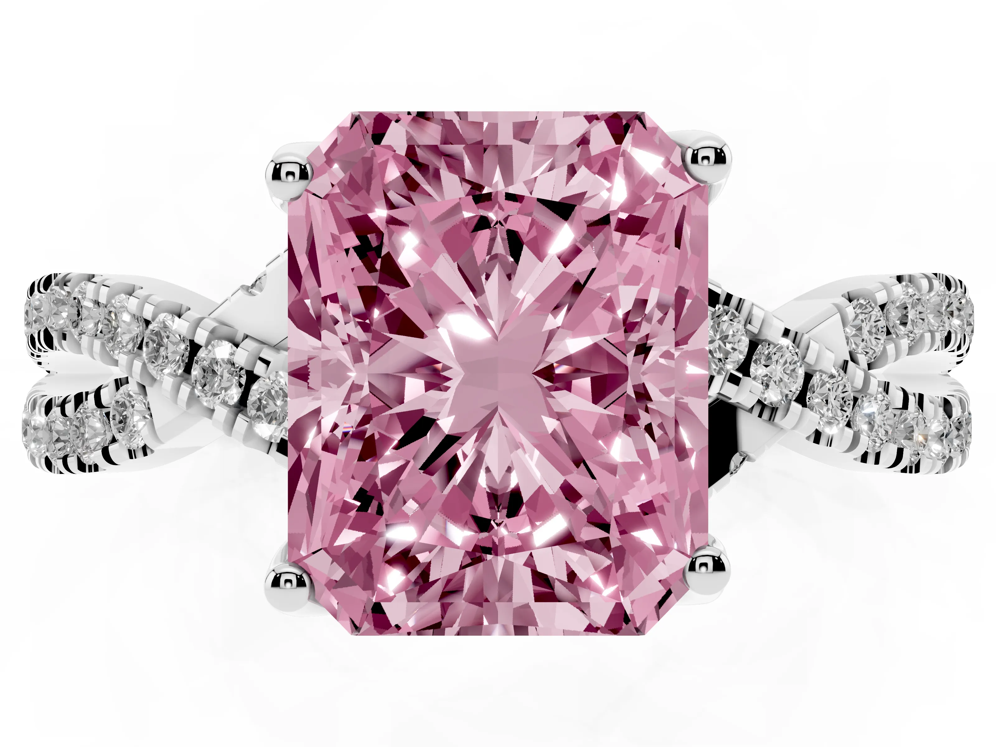 Fancy Pink Radiant Cut Diamond Twist Pavé Solitaire Engagement Ring Set in Silver with Prong Setting