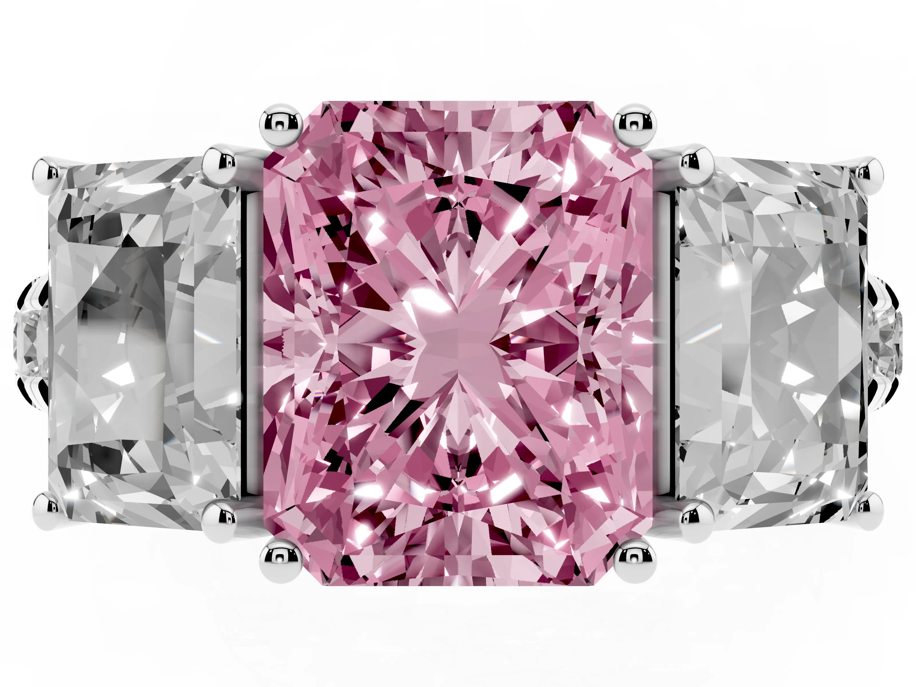Fancy Pink Radiant Cut Diamond Three-Stone Ring Set in Platinum with Pavé Band