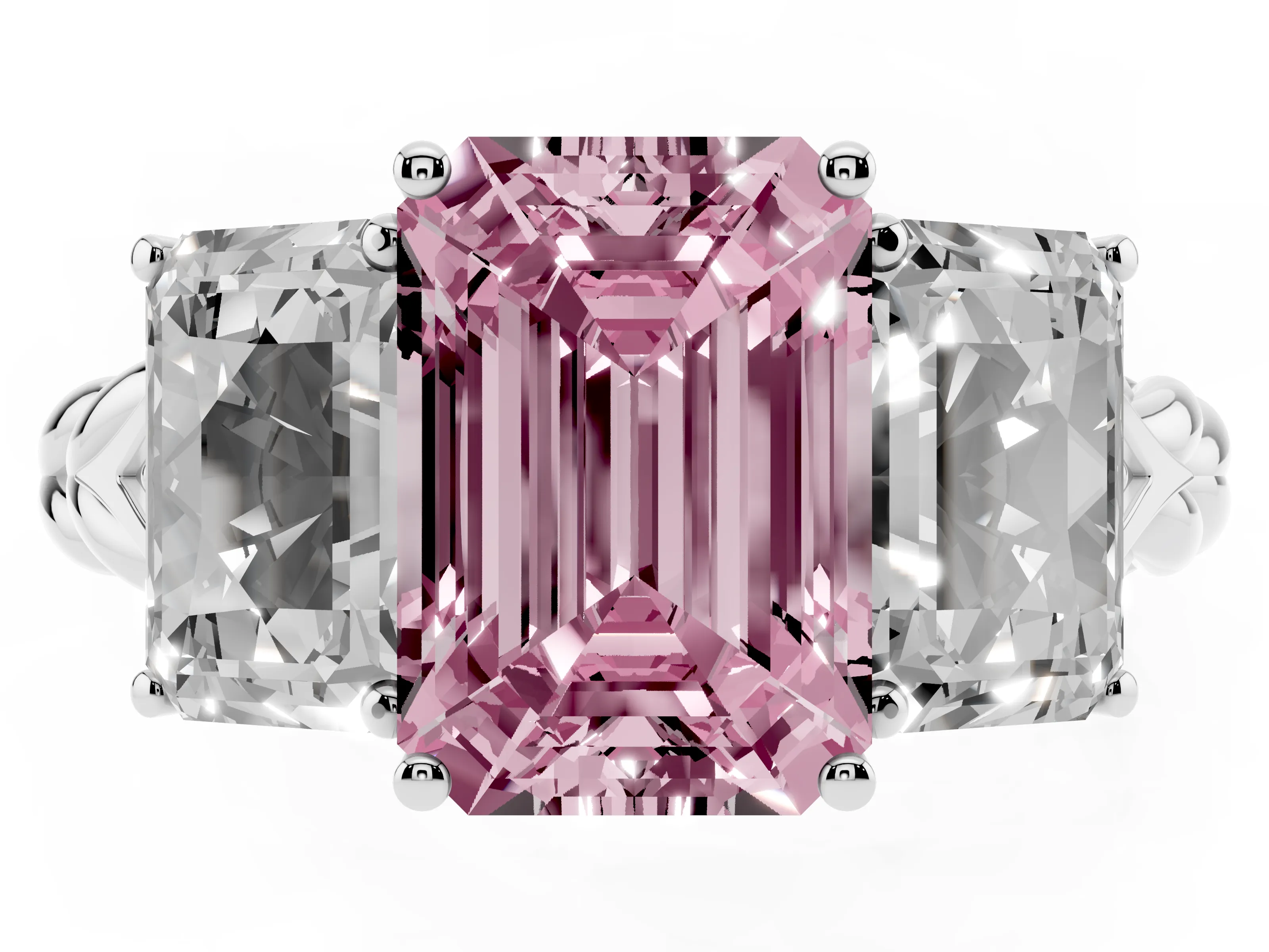 Fancy Pink Radiant Cut Diamond Three-Stone Ring Set in Platinum with Braided Band