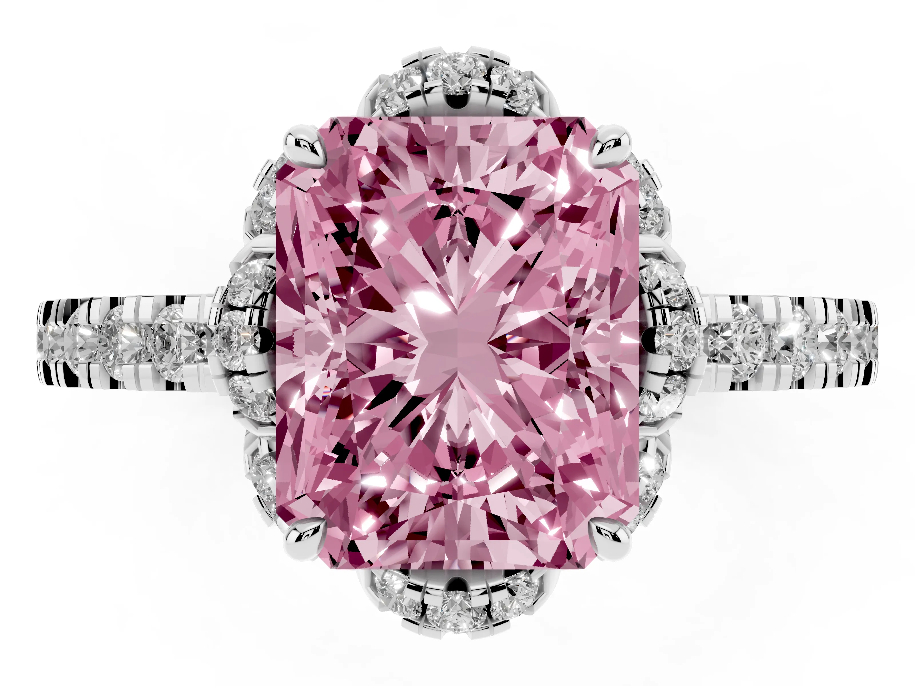 Fancy Pink Radiant Cut Diamond Halo Pavé Band Ring Set in White gold with Prong-Held Center