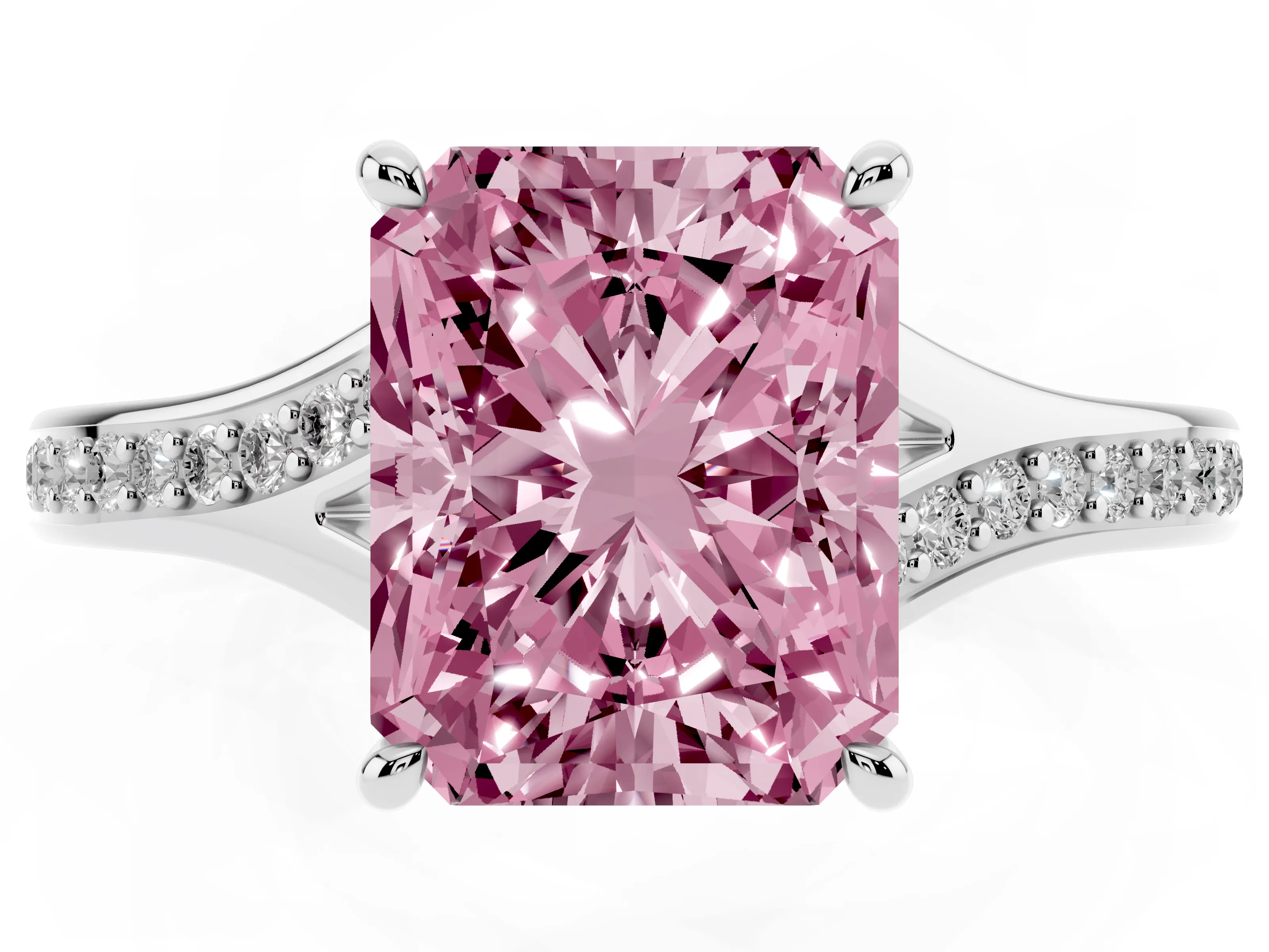 Fancy Pink Radiant Cut Diamond Solitaire Ring Set in Platinum with Pavé Accent Band and Classic Prong Setting