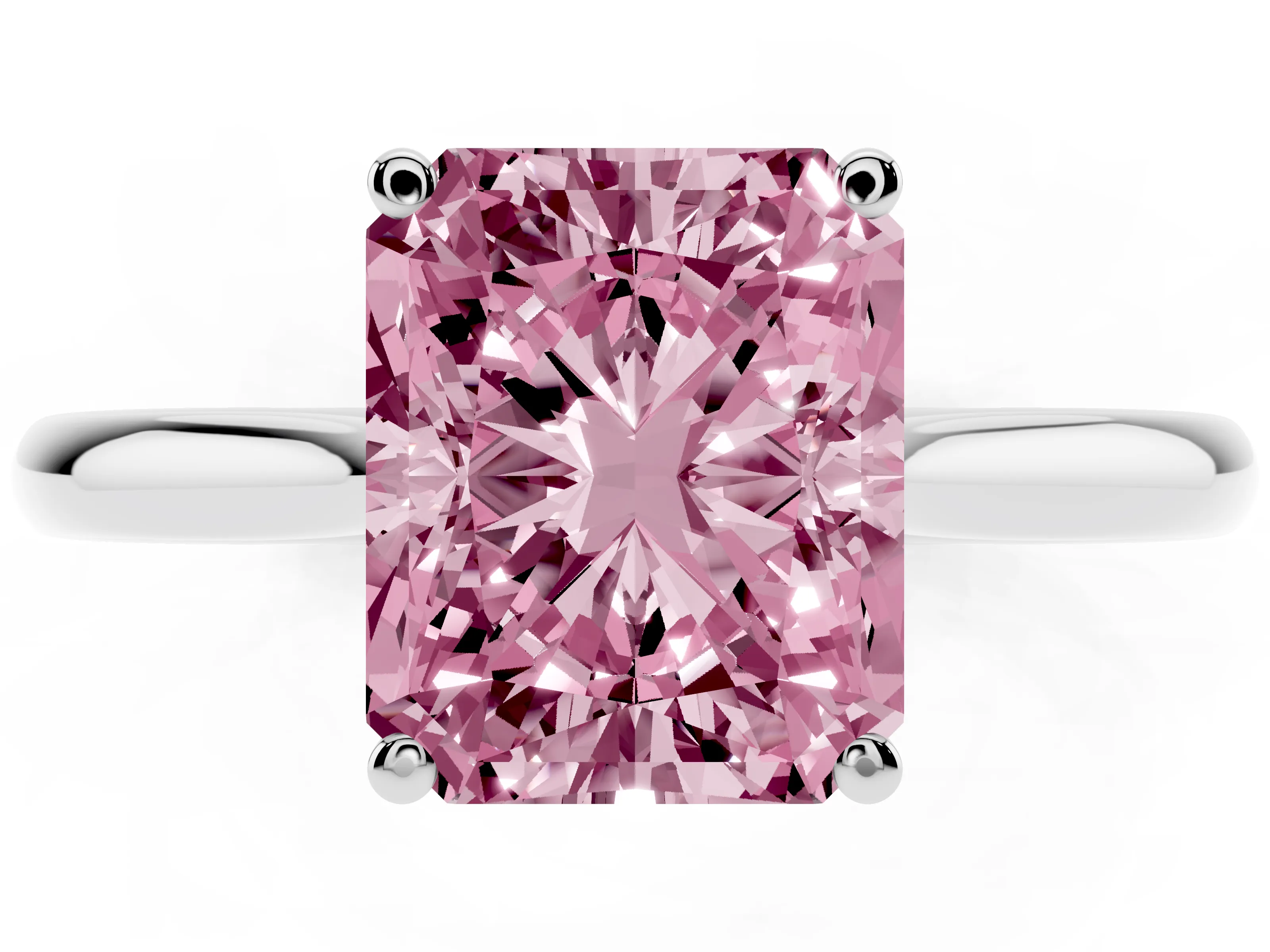 Fancy Pink Radiant Cut Diamond Solitaire Ring Set in Platinum with Cathedral Band and Prong Setting