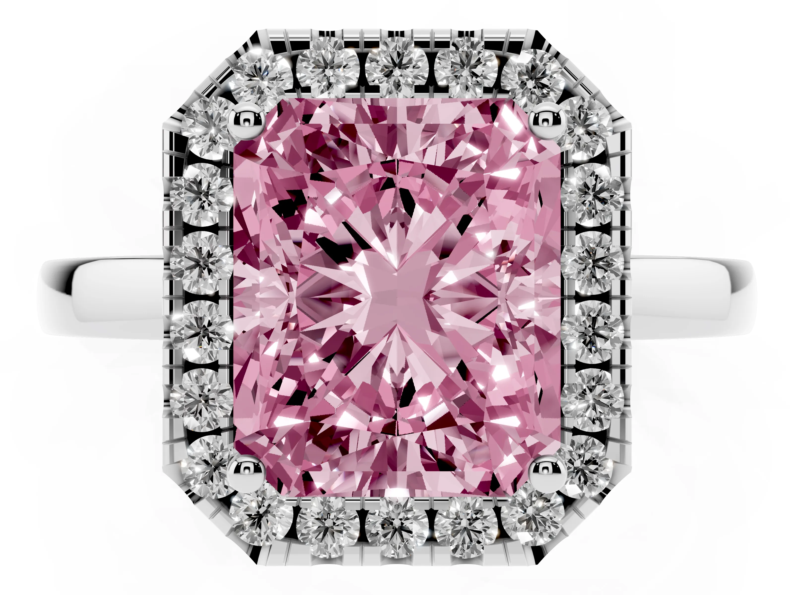 Fancy Pink Radiant Cut Diamond Halo Solitaire Ring Set in Platinum with Pavé Band and Prong Setting