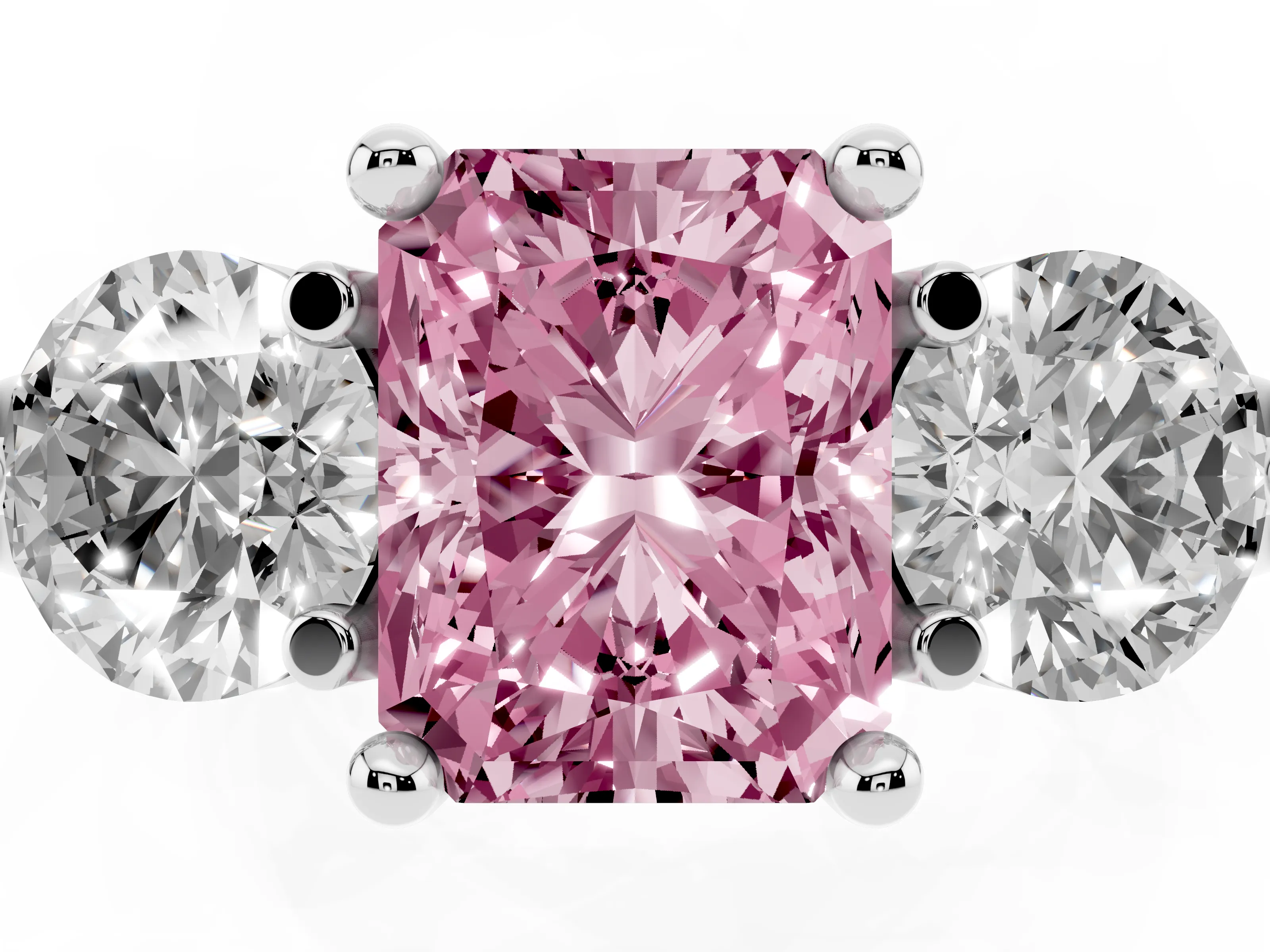 Fancy Pink Radiant Cut Diamond Three-Stone Ring Set in Silver with Prong Setting and Classic Band