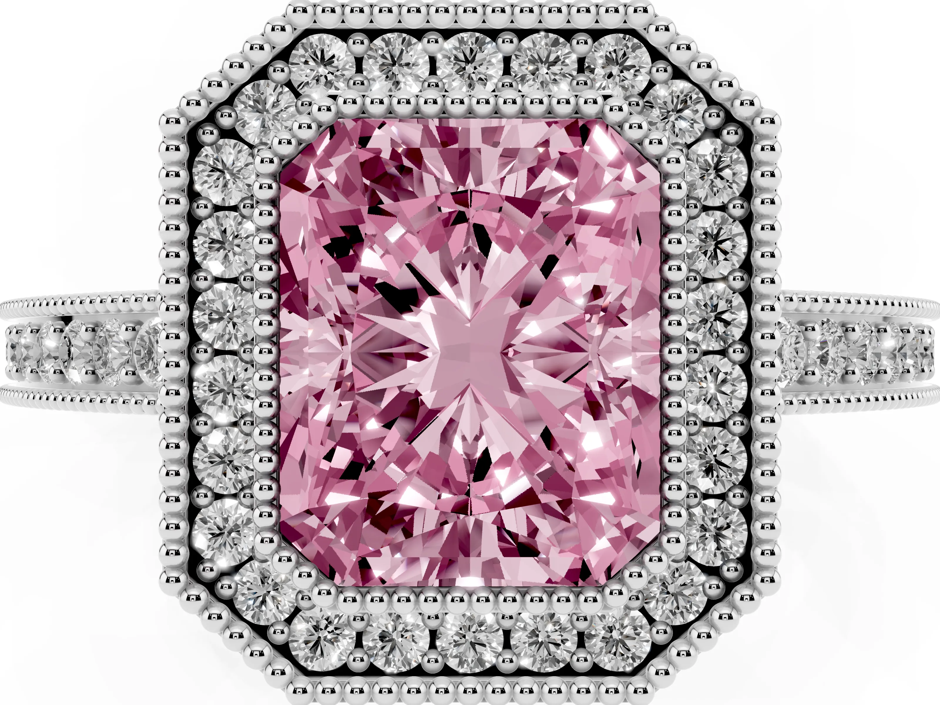 Fancy Pink Radiant Cut Diamond Round Halo Ring Set in White gold with Pavé Band