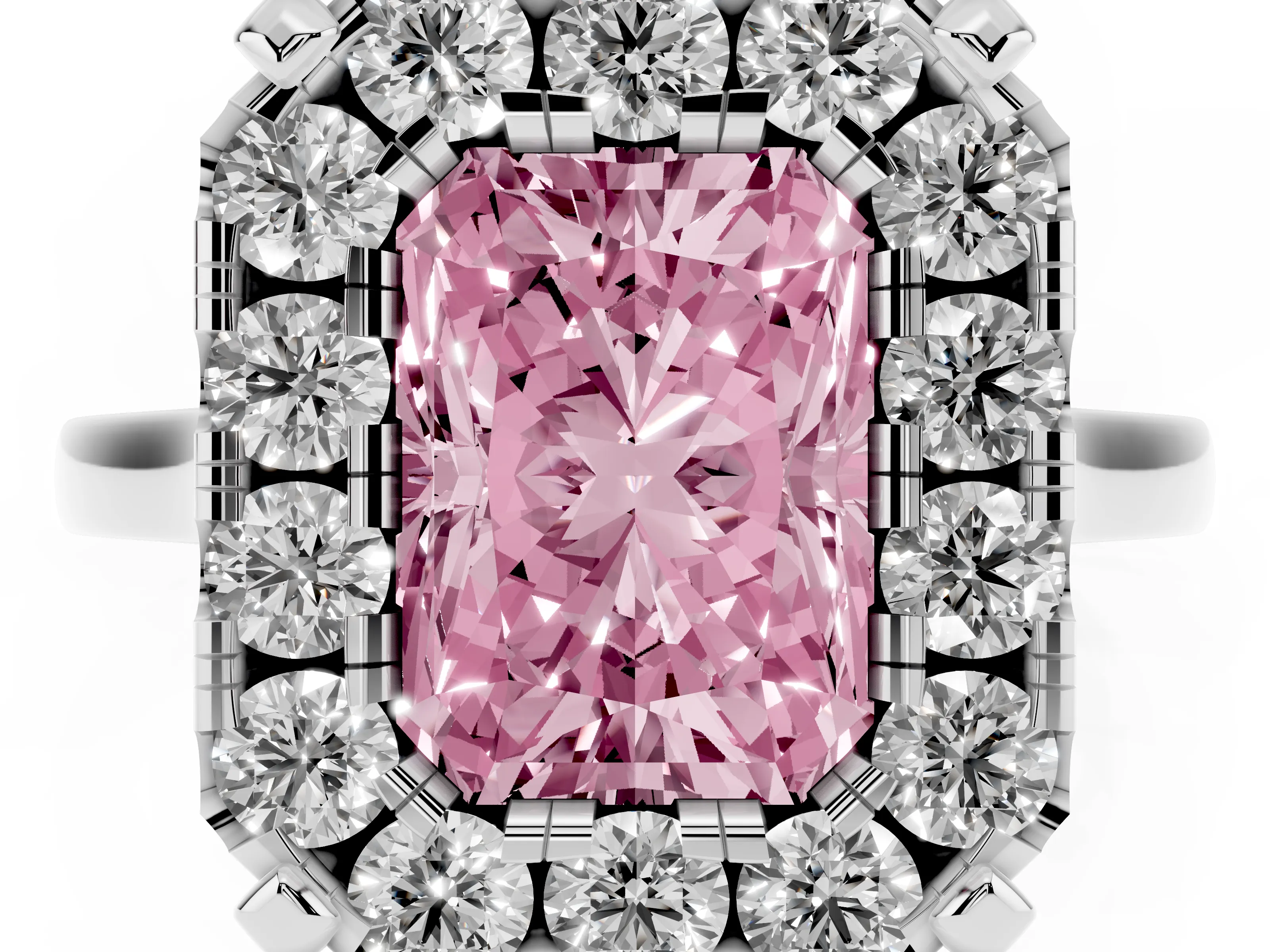 Fancy Pink Radiant Cut Diamond Cluster Halo Solitaire Ring Set in Silver with Prong Setting