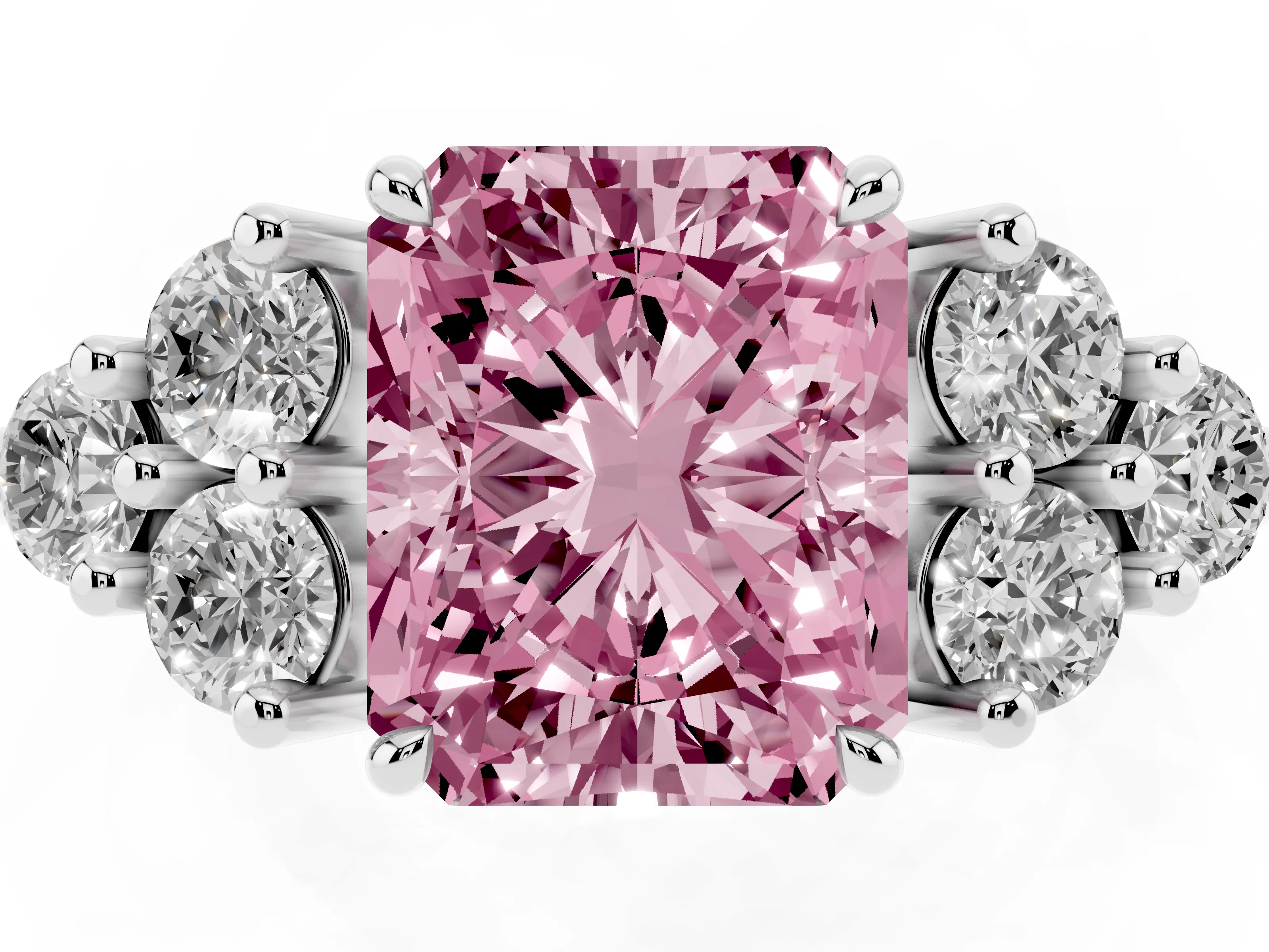 Fancy Pink Radiant Cut Diamond Solitaire Ring Set in White gold with Cluster Accents on Each Side