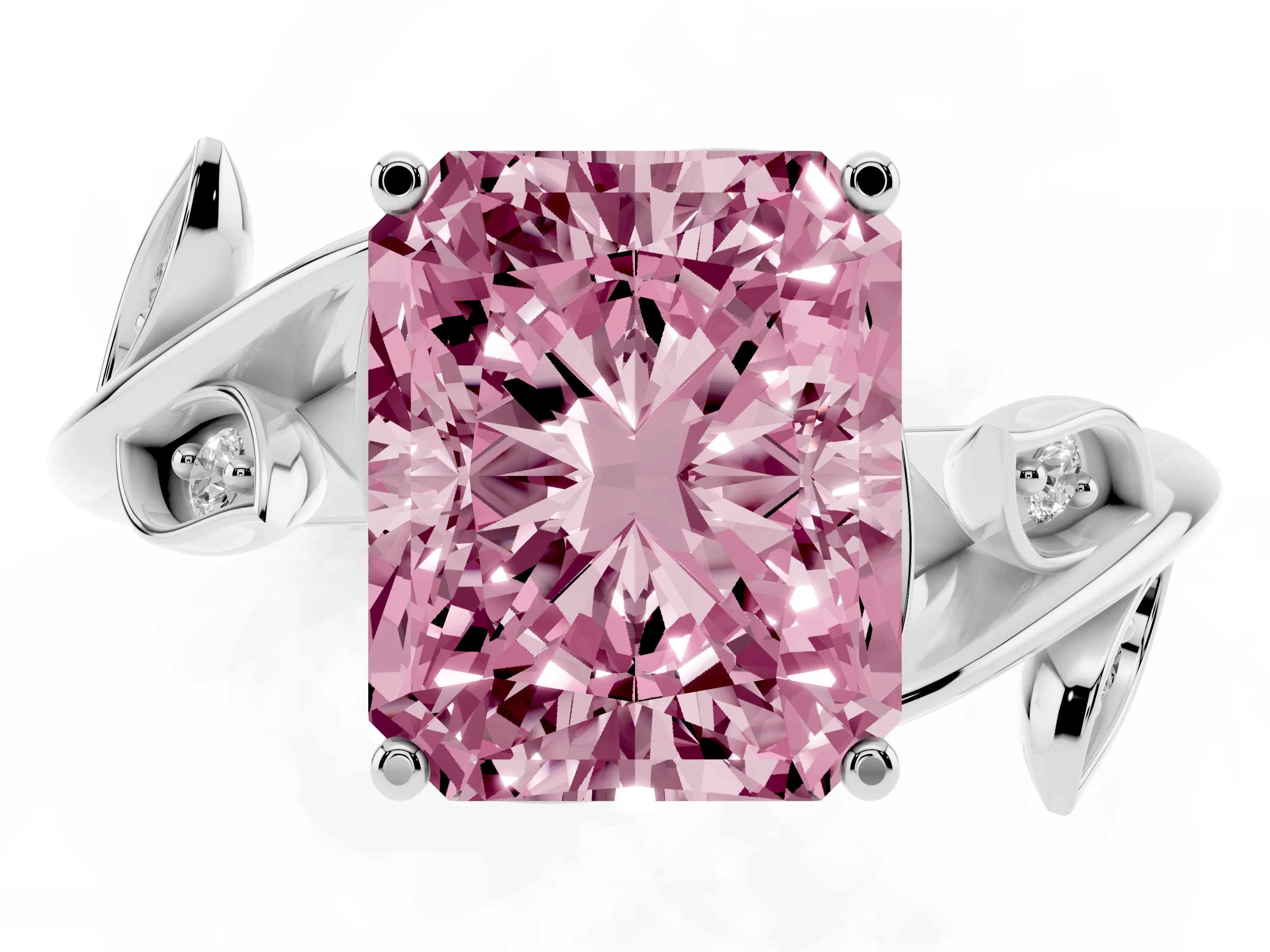 Fancy Pink Radiant Cut Diamond Solitaire Twist Engagement Ring Set in White gold with Pavé Leaf Accents