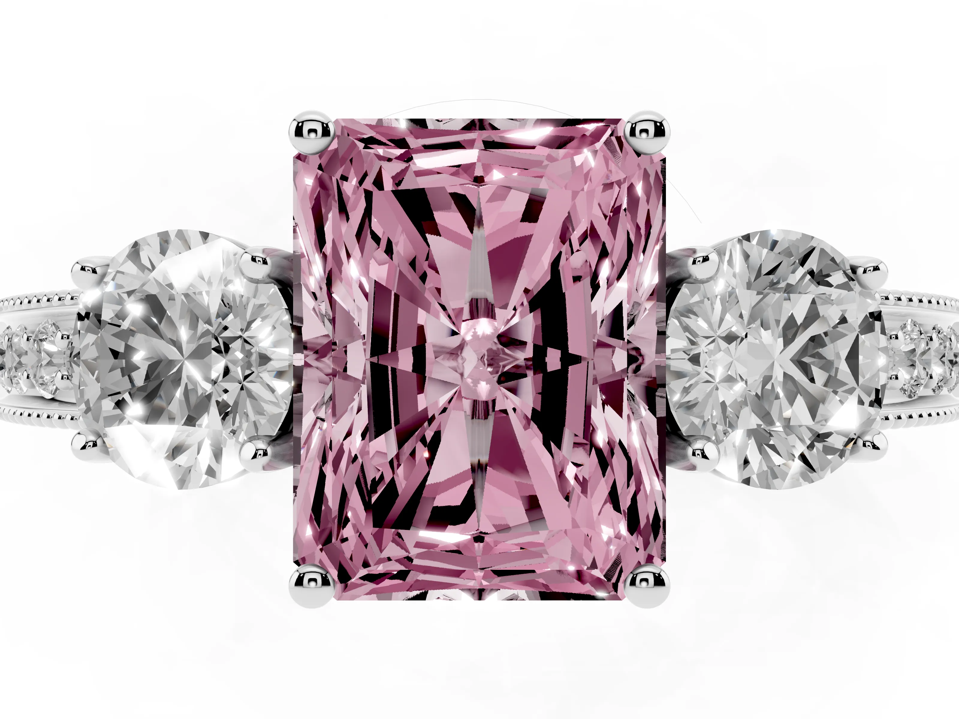 Fancy Pink Radiant Cut Diamond Three-Stone Ring Set in Platinum with Round Side Stones and Pavé Band