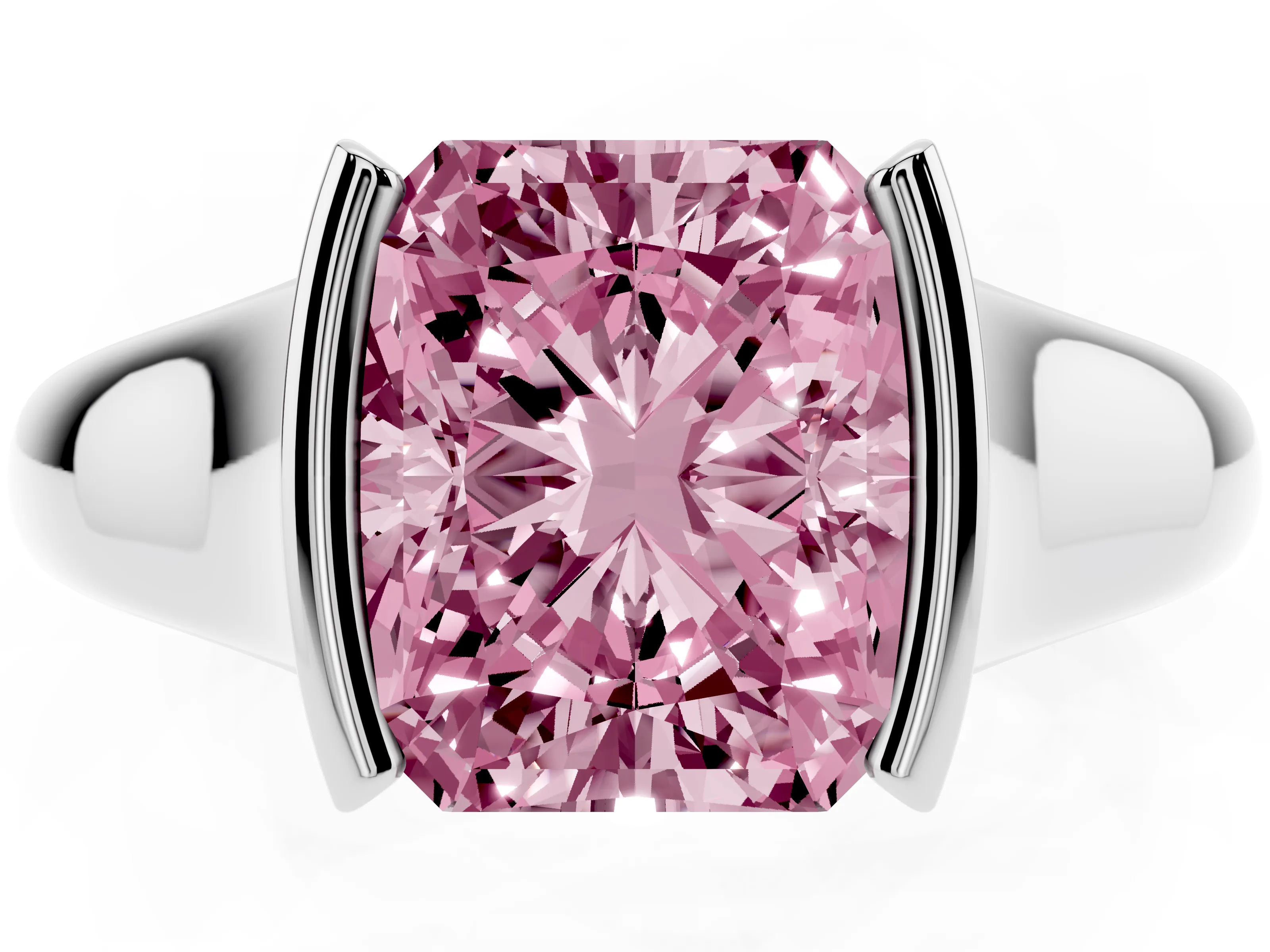 Fancy Pink Radiant Cut Diamond Solitaire Tension Set Ring Set in Platinum with Split Shank Band