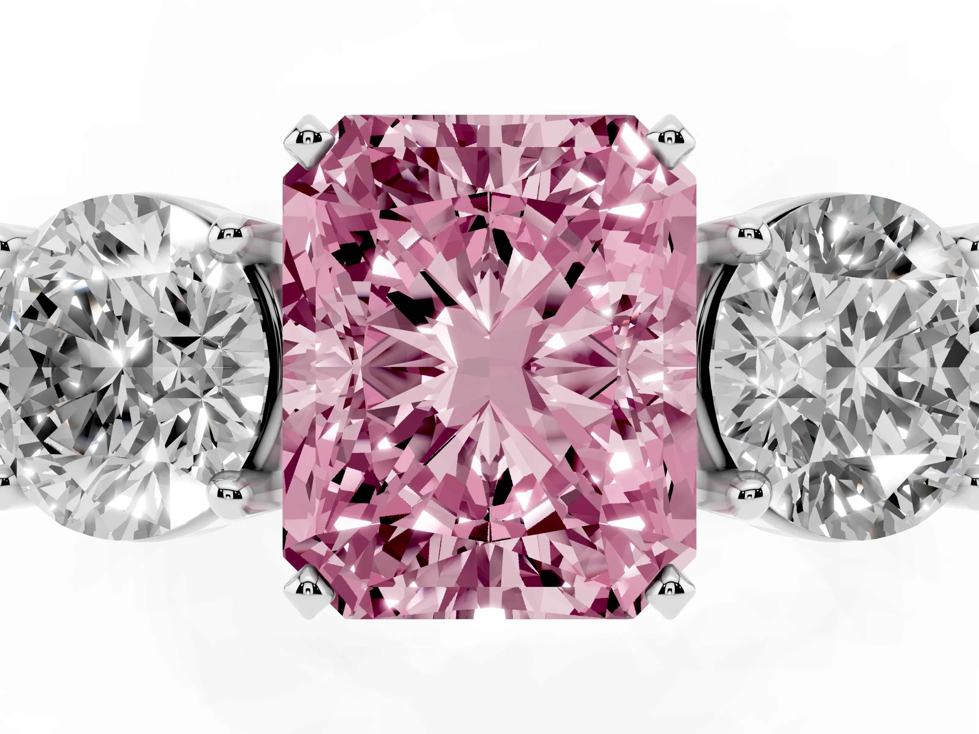 Fancy Pink Radiant Cut Diamond Three-Stone Ring Set in White gold with Round Side Stones and Classic Band