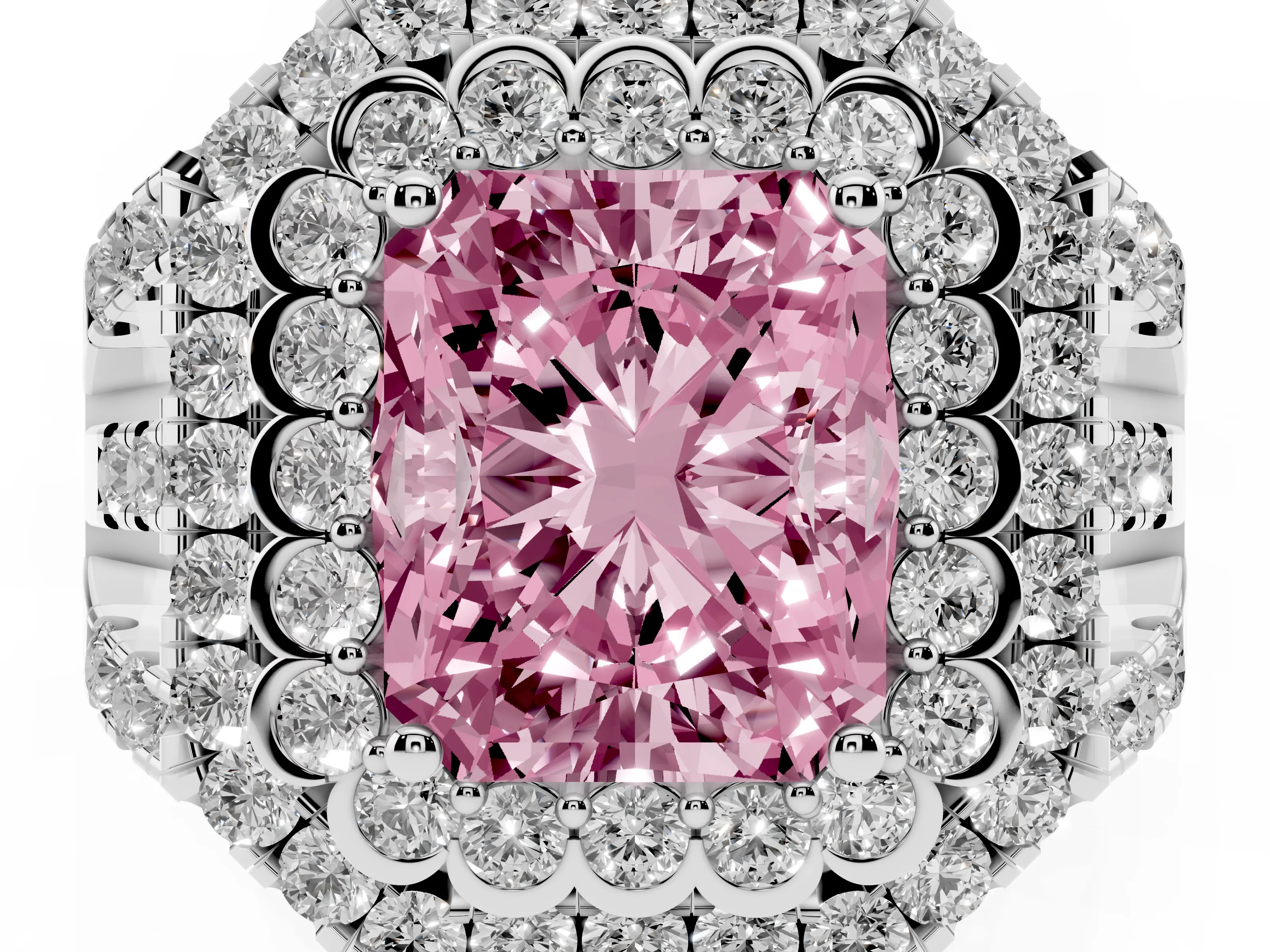 Fancy Pink Radiant Cut Diamond Double Halo Ring Set in White gold with Round Pavé Split Shank