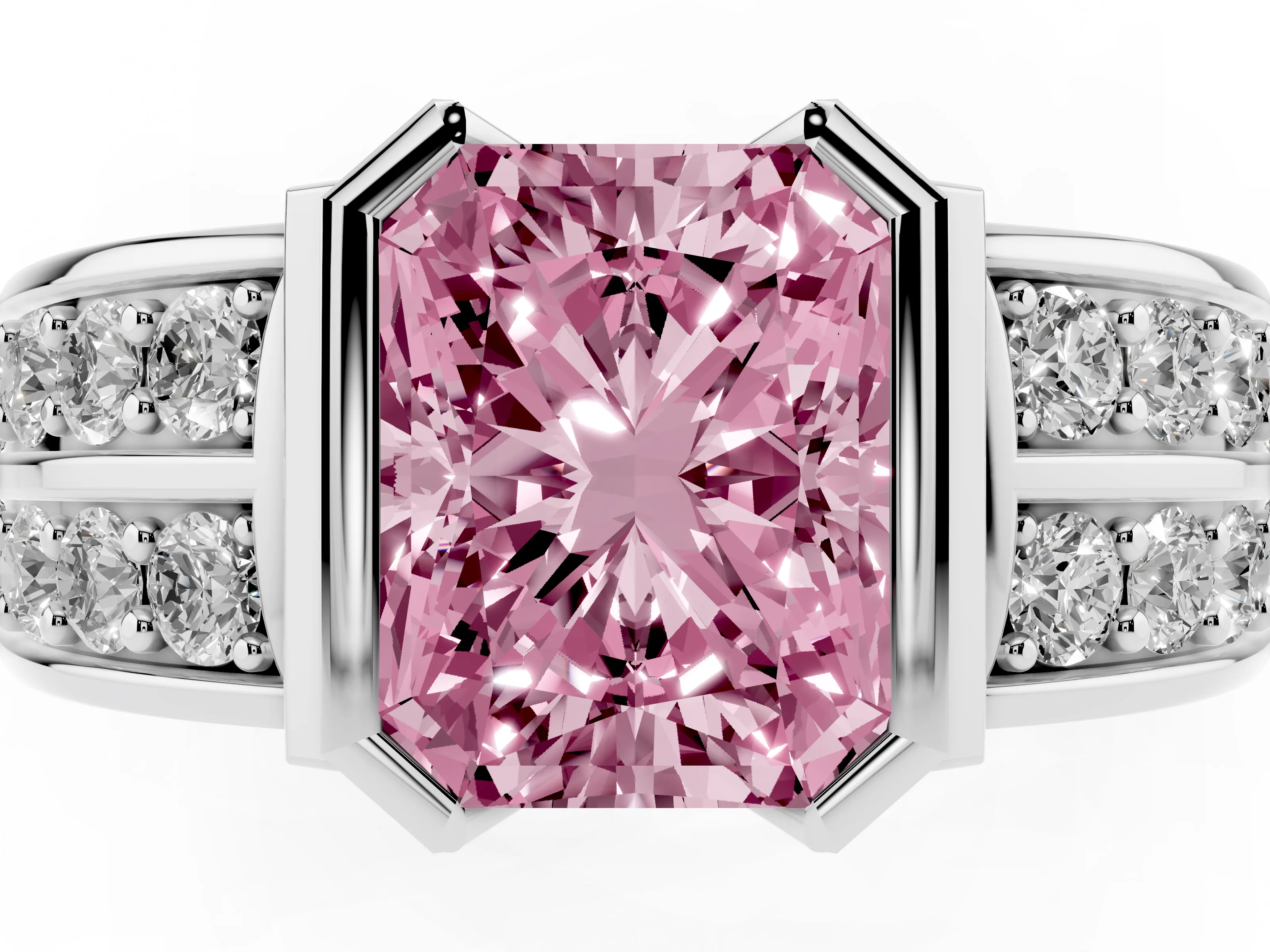 Fancy Pink Radiant Cut Diamond Wide Channel Set Band Ring Set in White gold with Bezel Setting