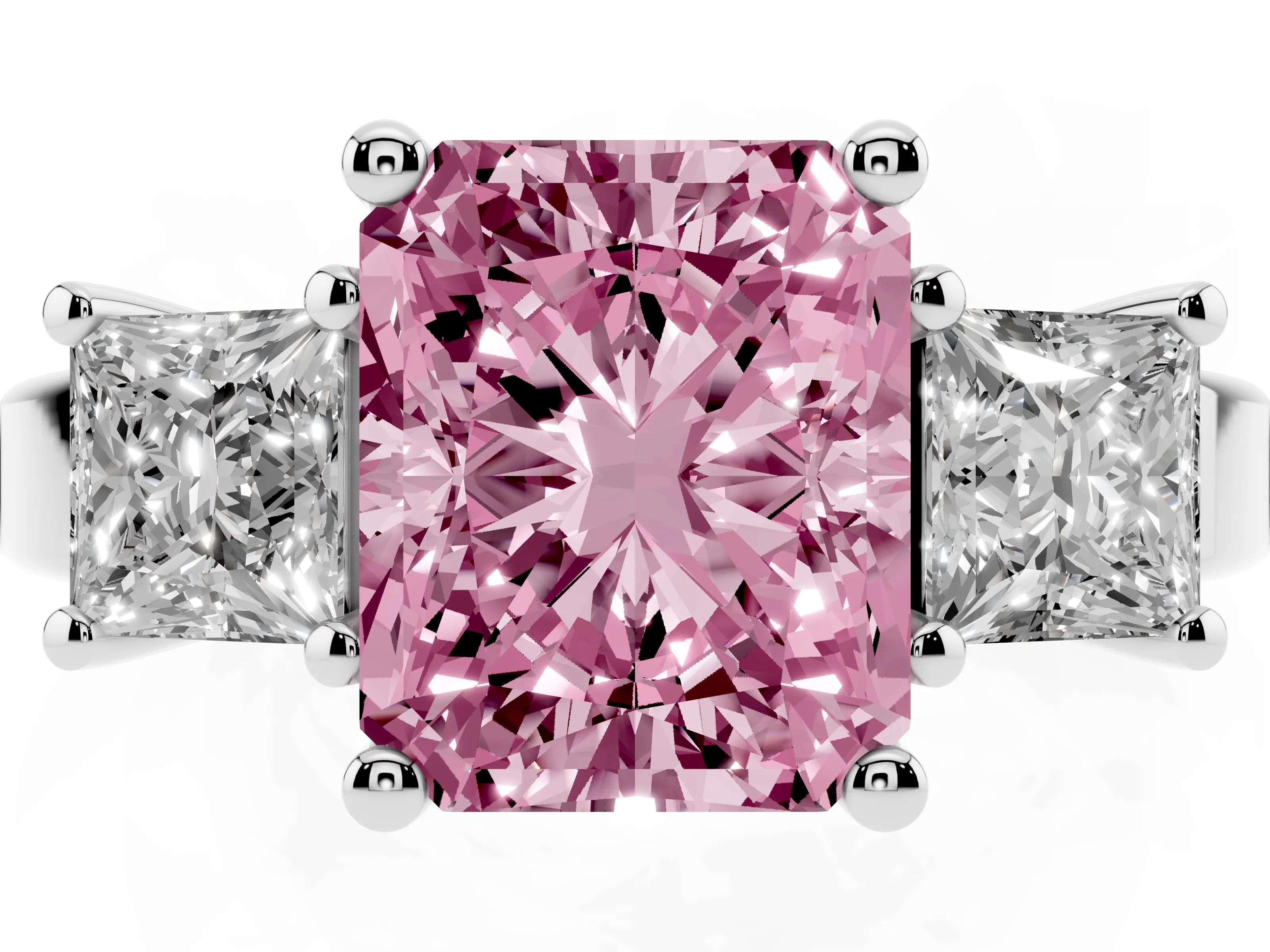 Fancy Pink Three-Stone Radiant Cut Diamond Solitaire Ring Set in Platinum with Prong Setting