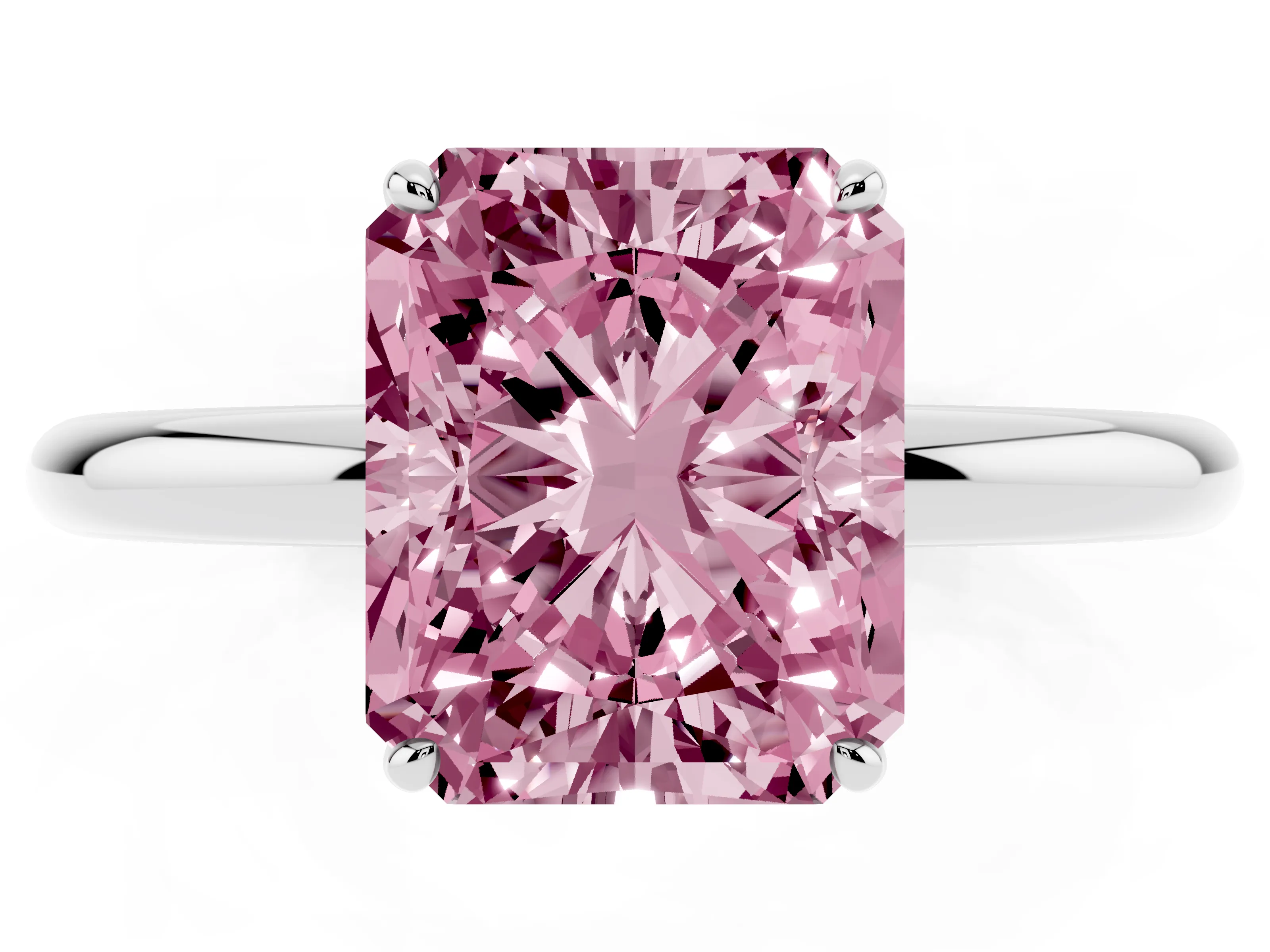Fancy Pink Radiant Cut Diamond Solitaire Ring Set in White gold with Prong Setting on a Polished Plain Band