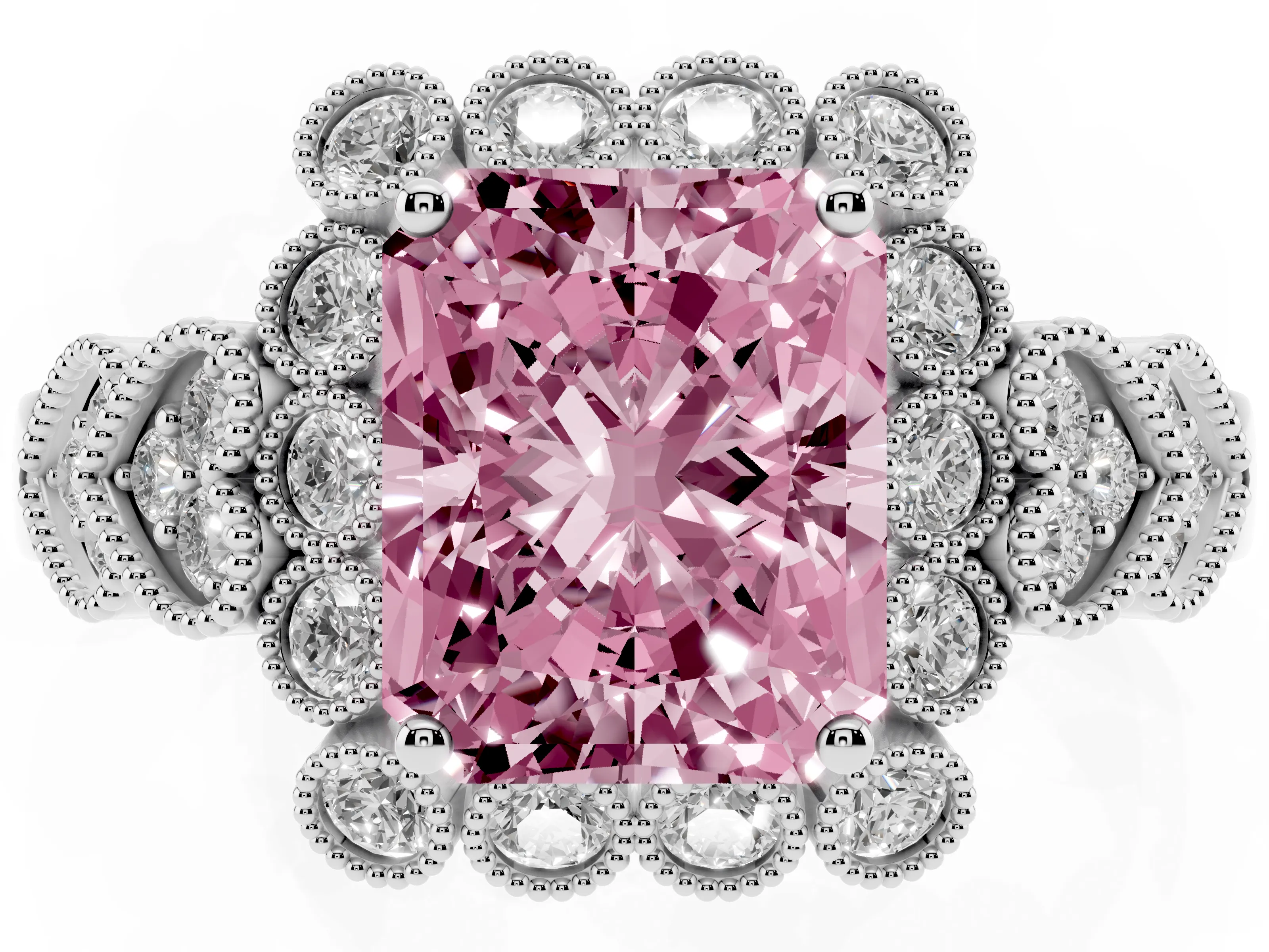 Fancy Pink Radiant Cut Diamond Solitaire Ring Set in Silver with Milgrain Pavé Heart Band