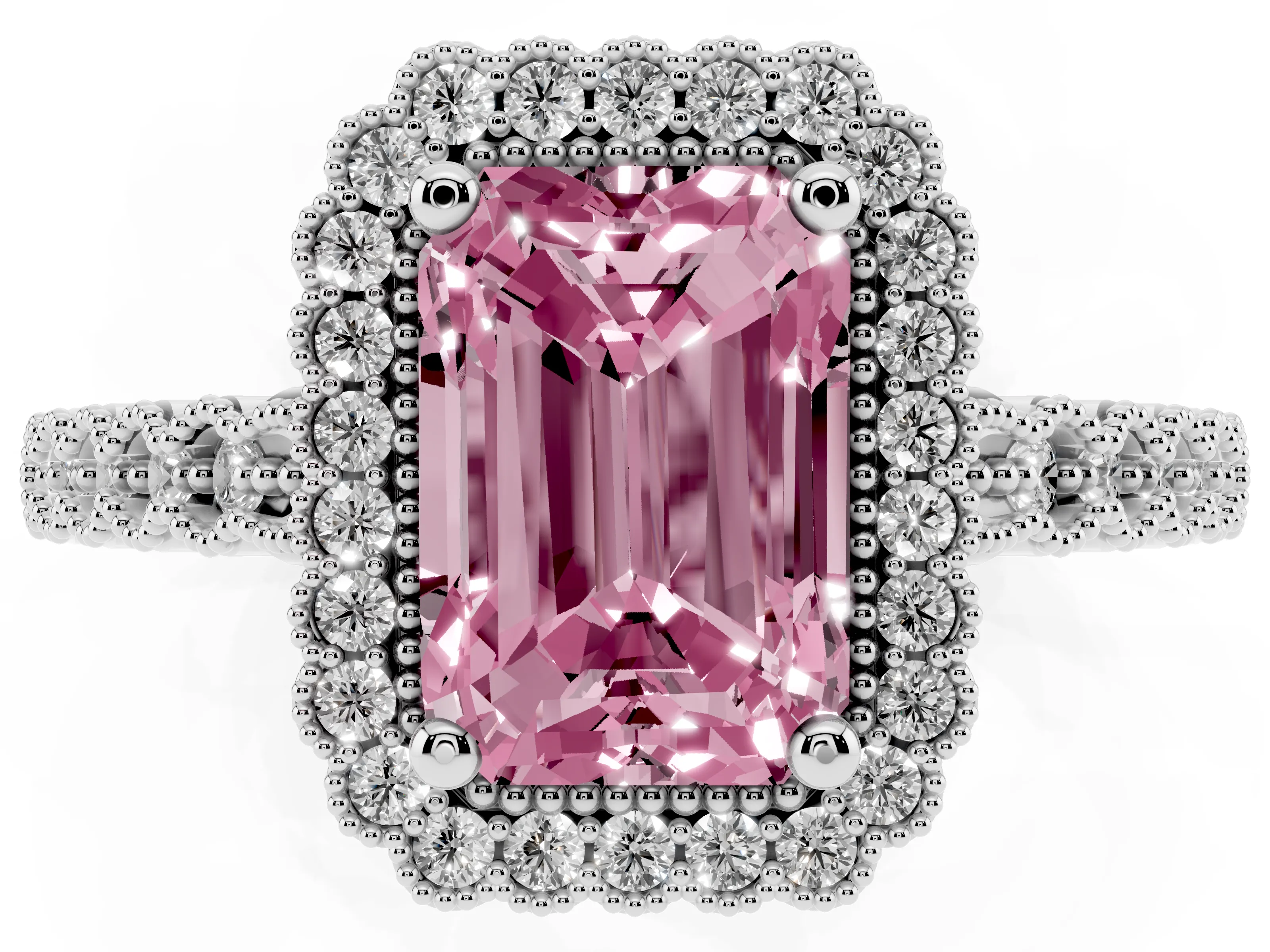 Fancy Pink Radiant Cut Diamond Halo Ring Set in Silver with Pavé Milgrain Band