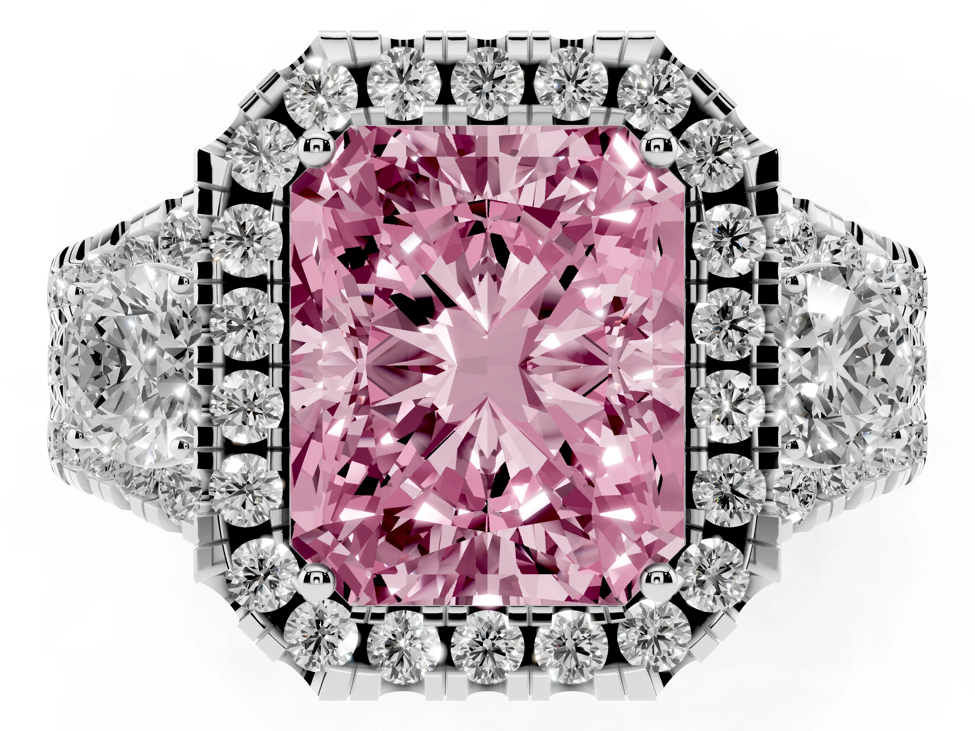 Fancy Pink Radiant Cut Diamond Halo Split Shank Ring Set in Silver with Round Accent Stones and Prong Setting