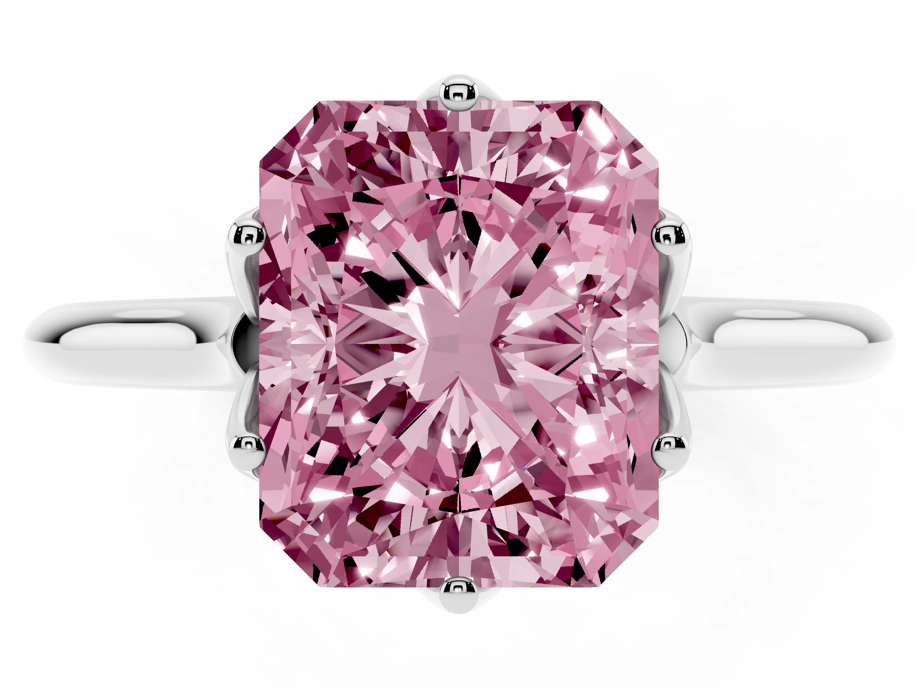 Fancy Pink Radiant Cut Diamond Solitaire Cathedral Ring Set in Silver with Prong Setting