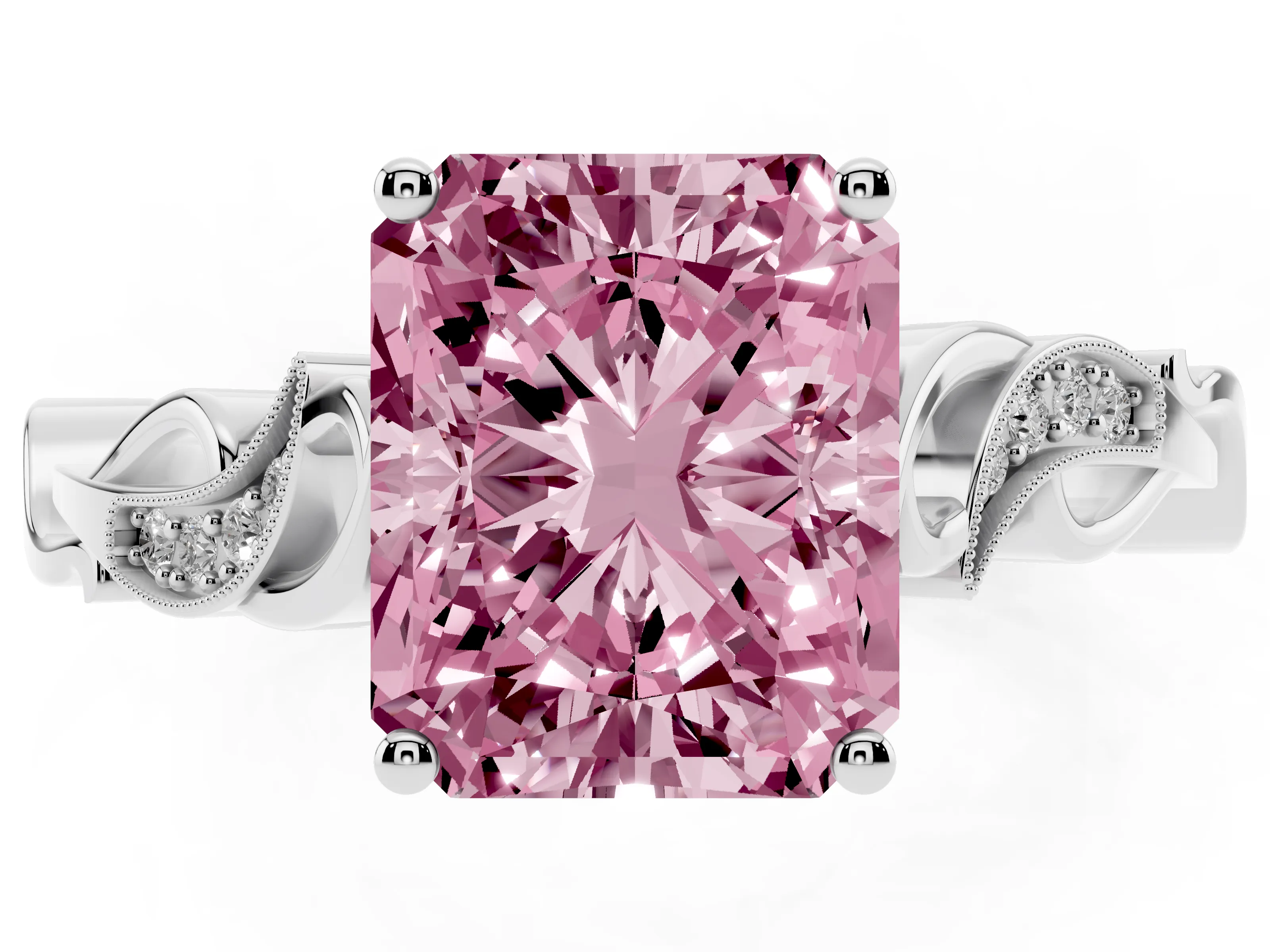 Fancy Pink Radiant Cut Diamond Vine Band Solitaire Ring Set in Platinum with Milgrain Prong Setting