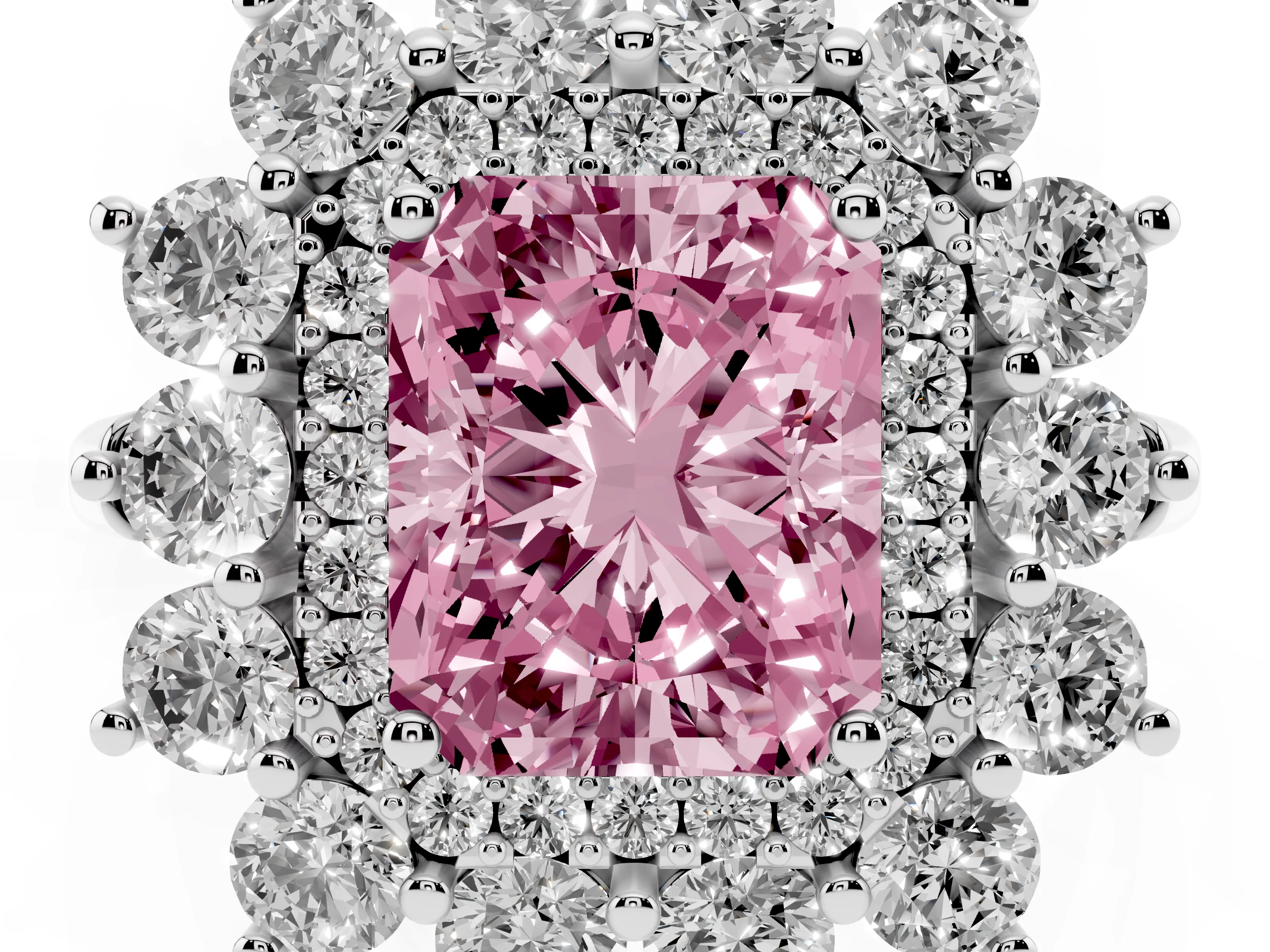 Fancy Pink Radiant Cut Diamond Floral Double Halo Ring Set in Silver with Round Petals