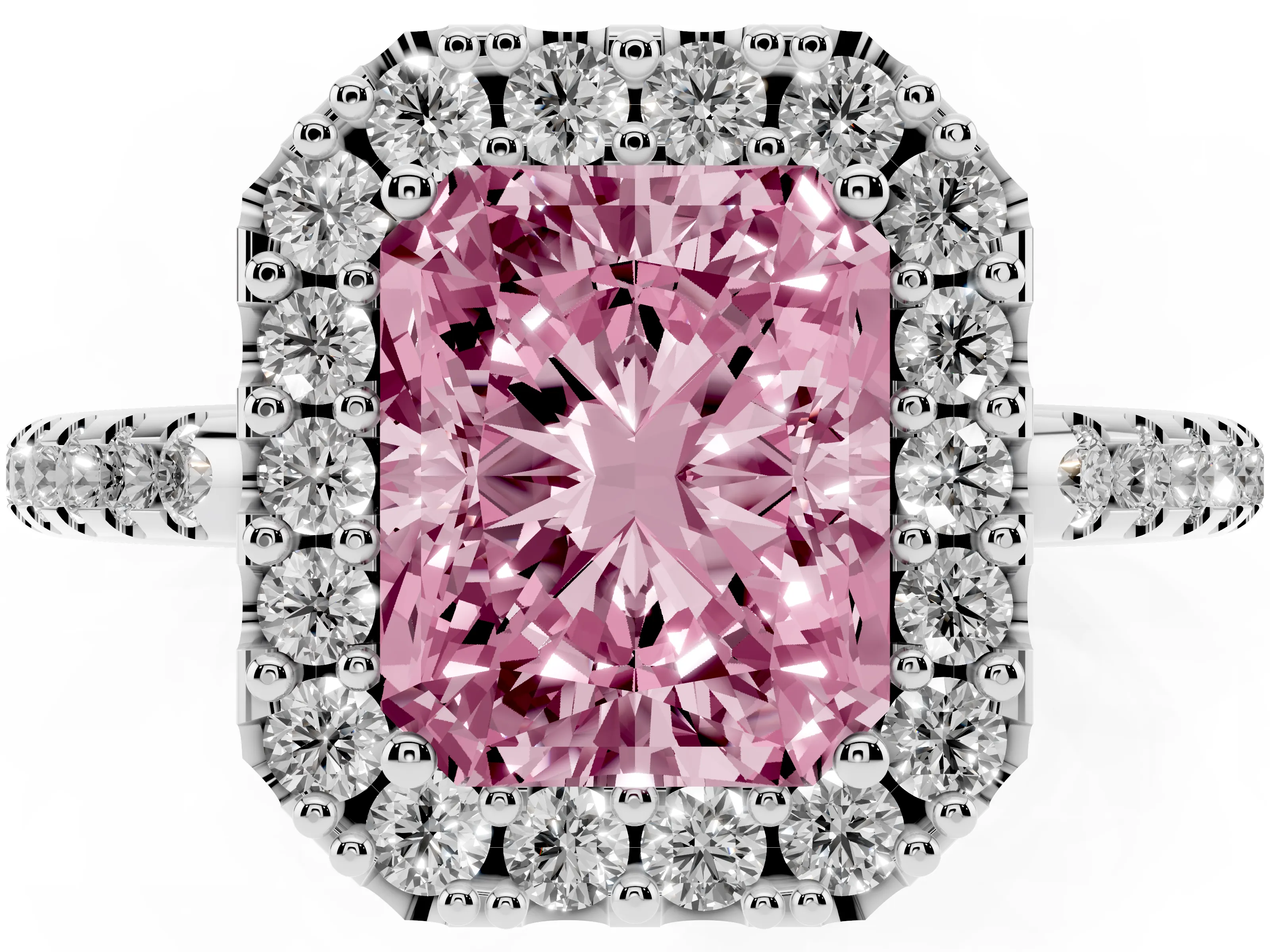 Fancy Pink Radiant Cut Diamond Pavé Halo Ring Set in Platinum with Prong Setting