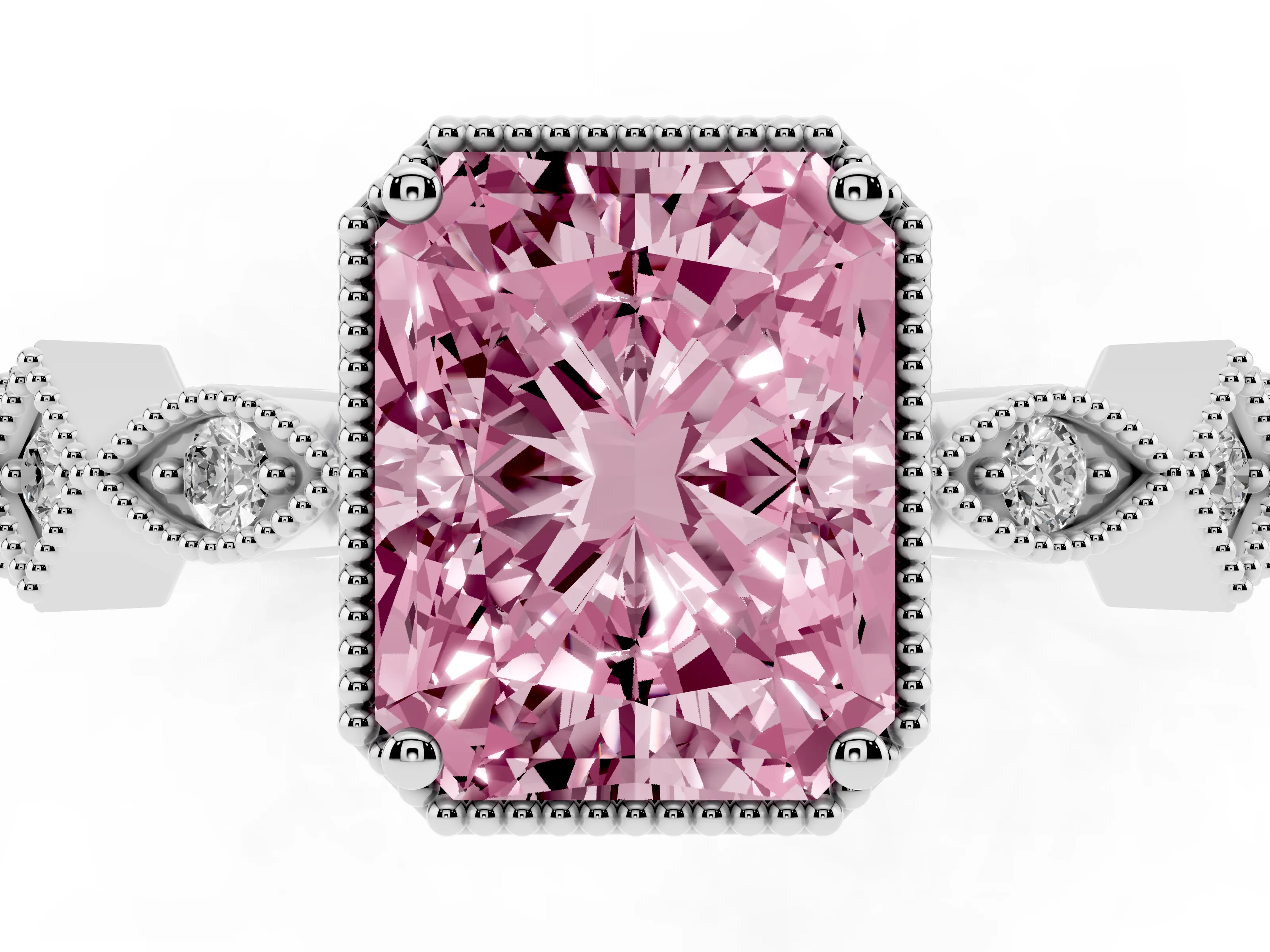 Fancy Pink Radiant Cut Diamond Milgrain Marquise Twist Band Ring Set in Platinum with Prong Setting