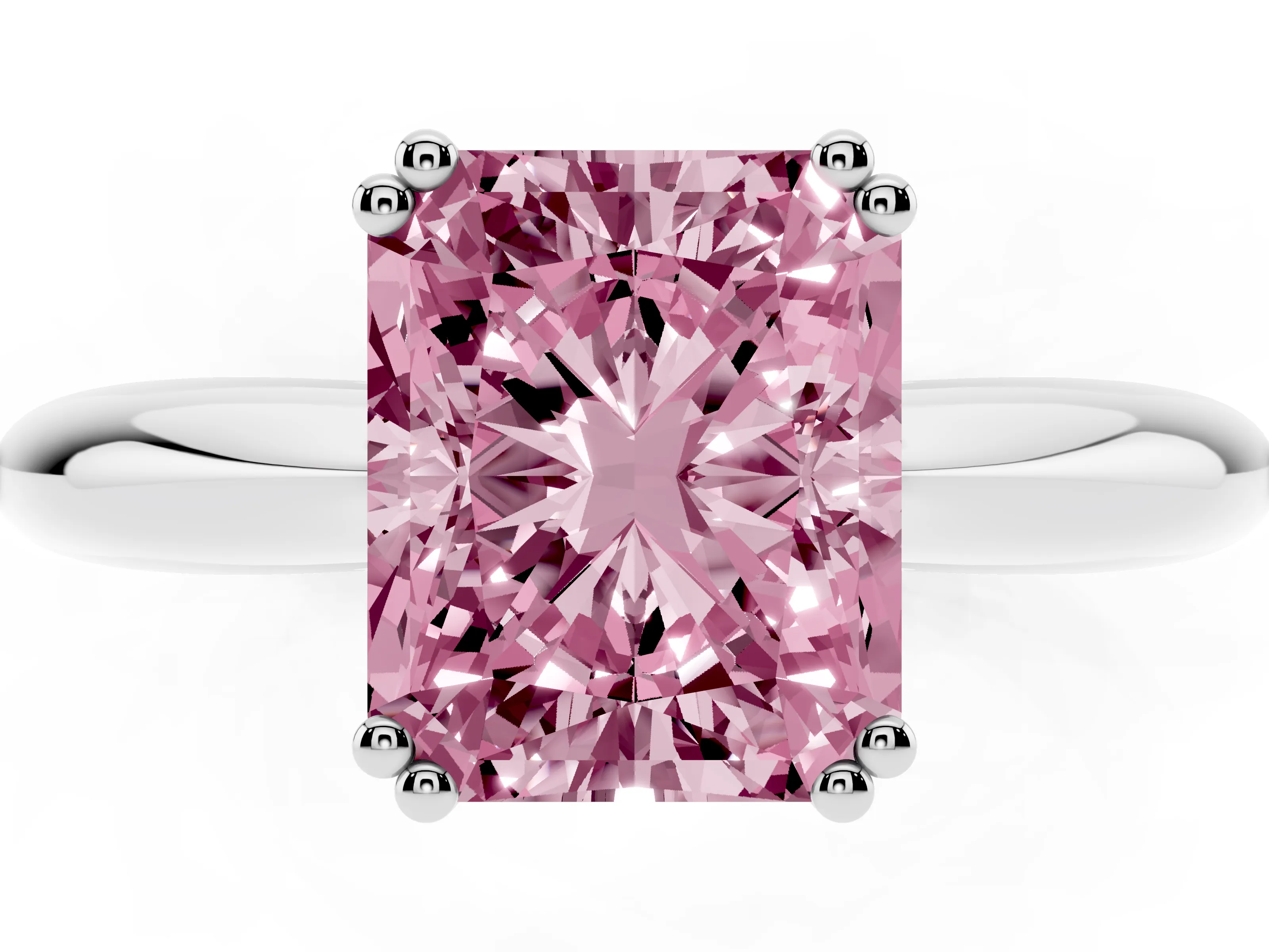 Fancy Pink Radiant Cut Diamond Solitaire Engagement Ring Set in White gold with Tapered Band and Prong Setting