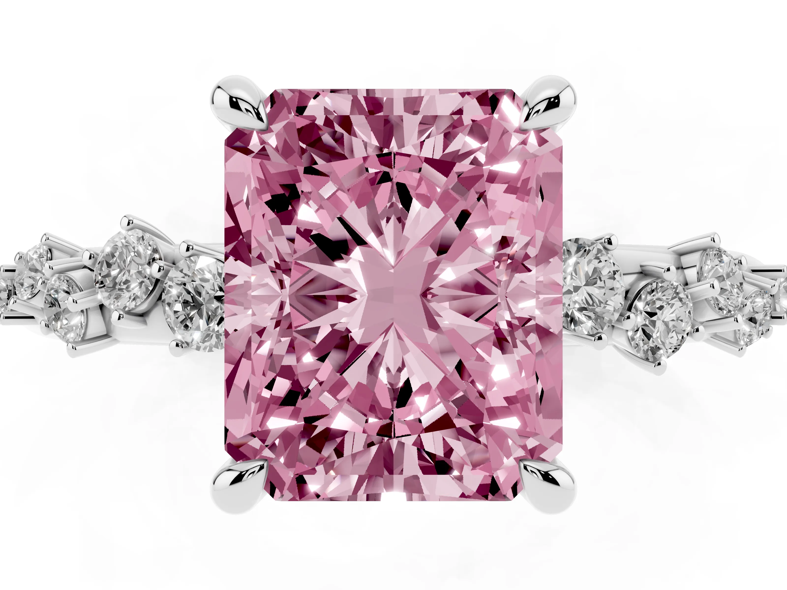 Fancy Pink Radiant Cut Diamond Solitaire Vine Band Ring Set in Silver with Round Accents and Prong Setting