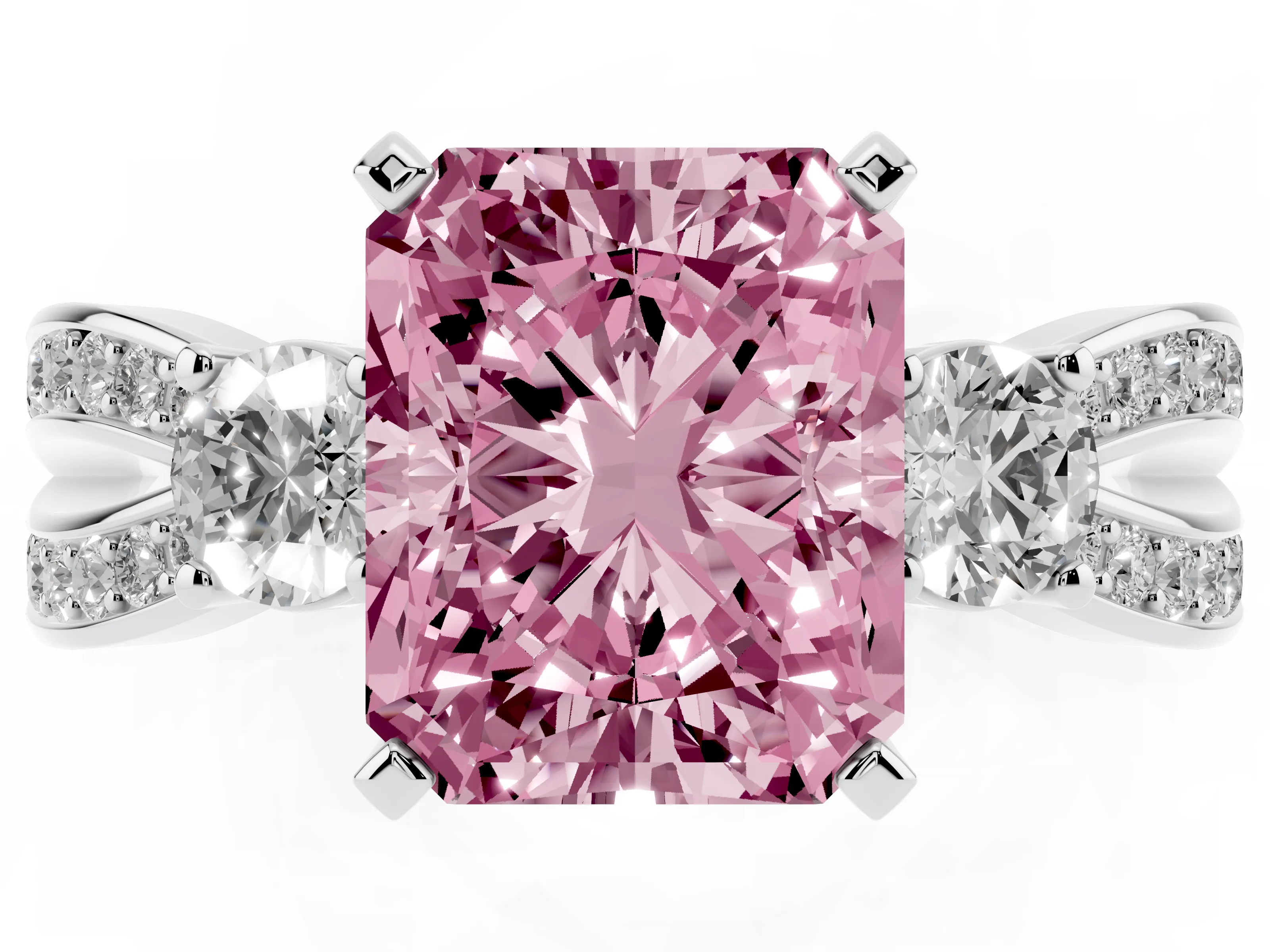 Fancy Pink Three-Stone Radiant Cut Diamond Twist Band Ring Set in Silver with Pavé Accents and Prong Setting