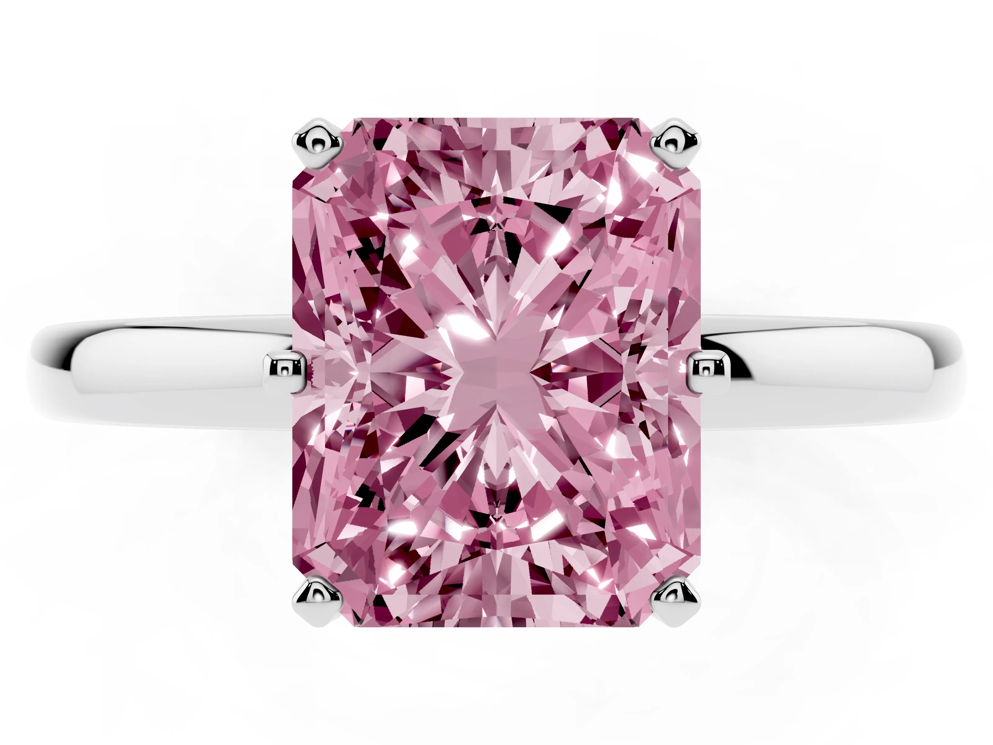 Fancy Pink Radiant Cut Diamond Solitaire Ring Set in Silver with Raised Prong Setting on a Classic Band