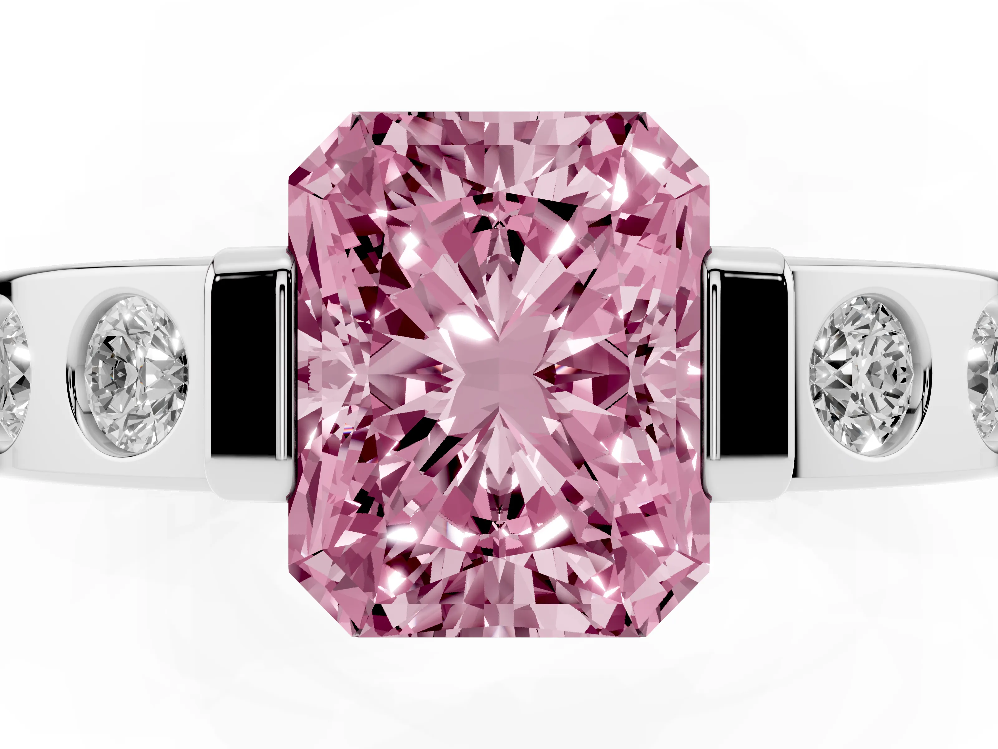 Fancy Pink Radiant Cut Diamond Channel-Set Band Ring Set in Silver with Bezel Prong Setting