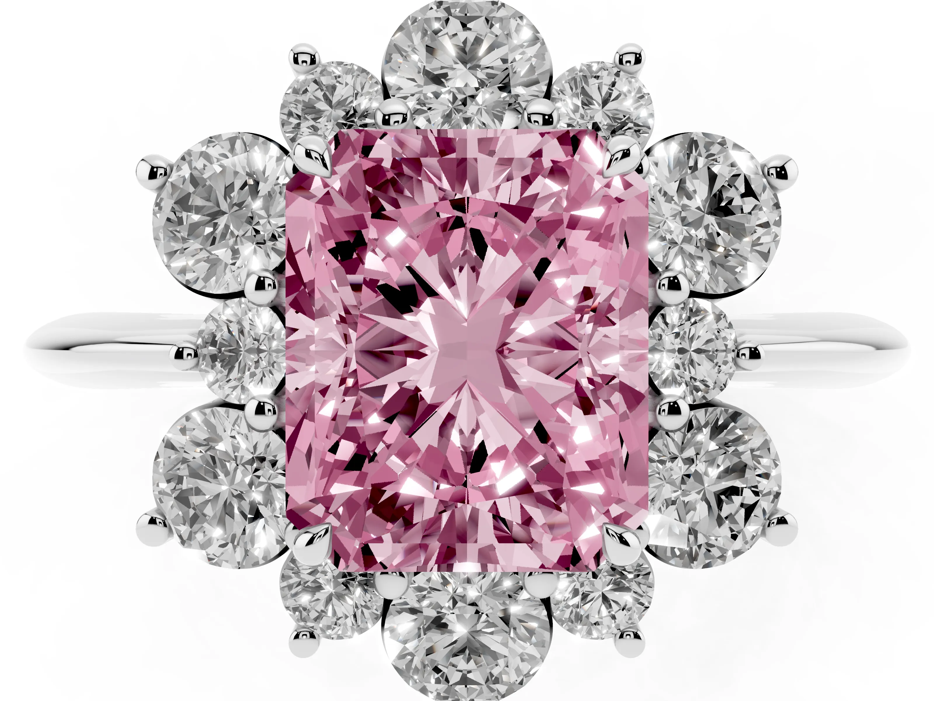 Fancy Pink Radiant Cut Diamond Cluster Halo Ring Set in Silver with Solitaire Band and Prong Setting