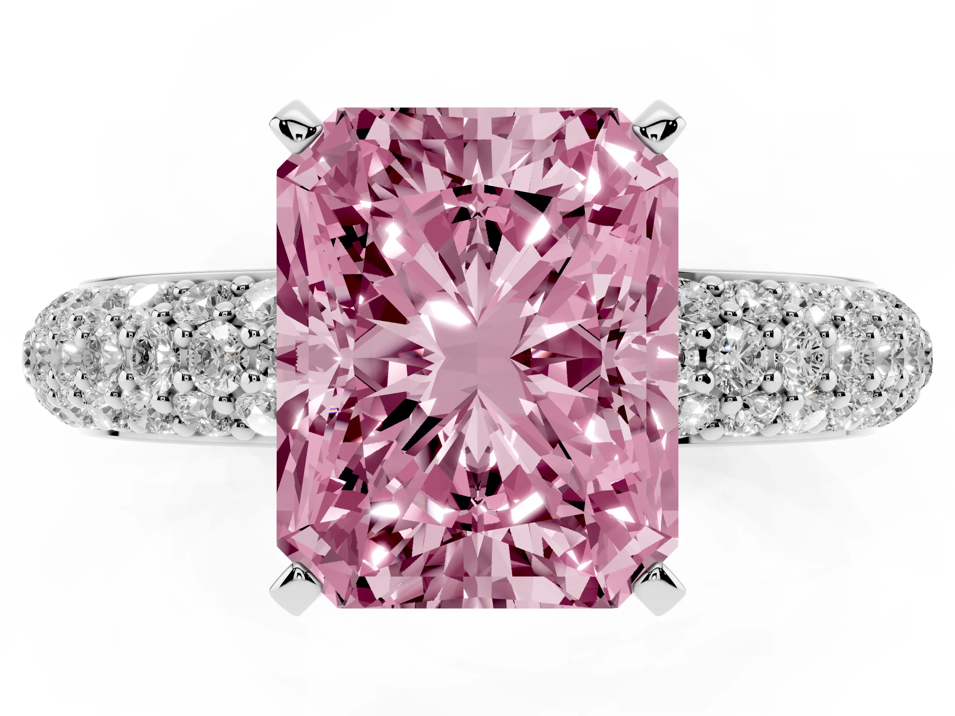 Fancy Pink Radiant Cut Diamond Solitaire Ring Set in Silver with Prong Setting and Pavé-Set Band