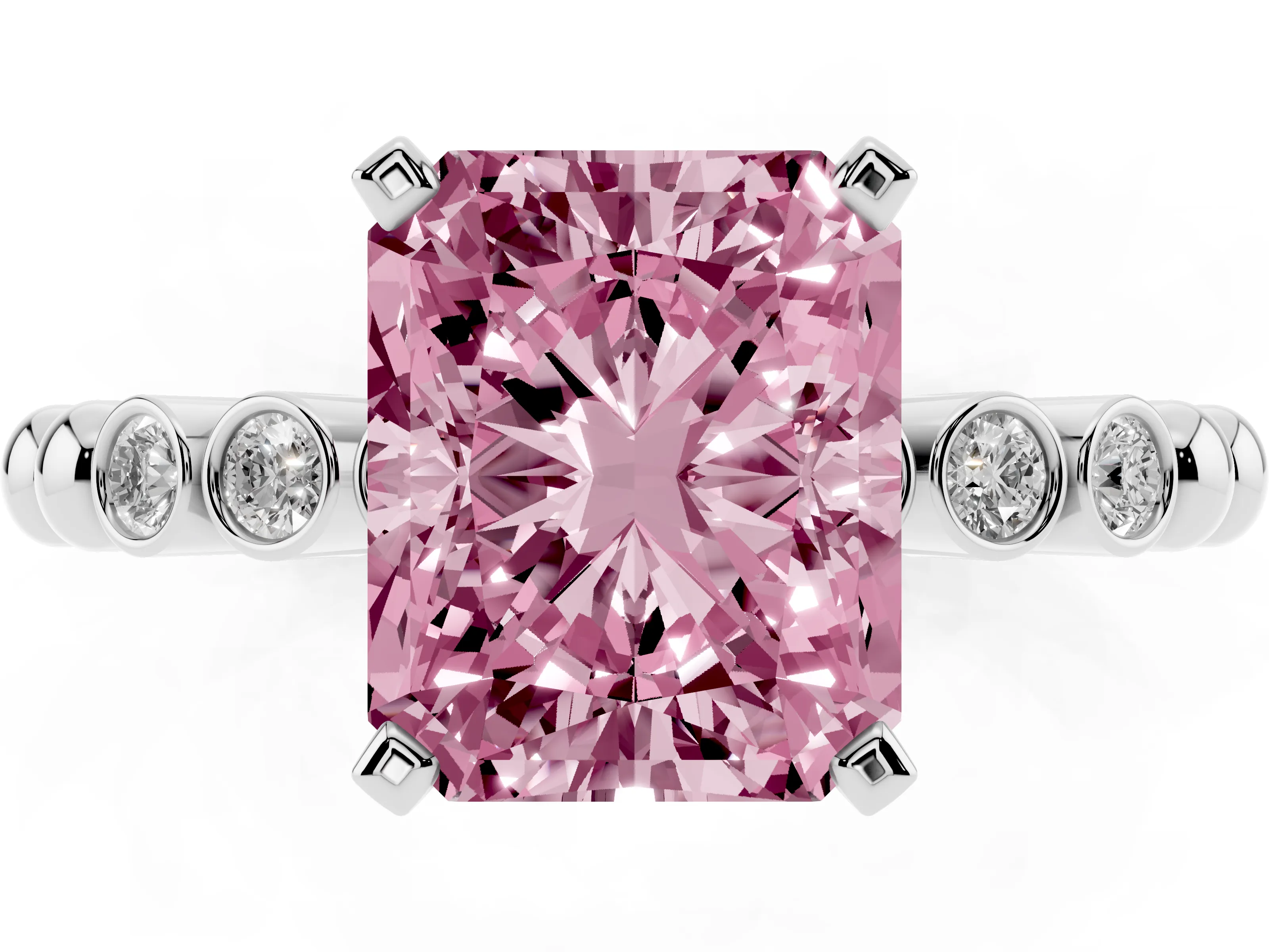 Fancy Pink Radiant Cut Diamond Solitaire Engagement Ring Set in White gold with Bezel Accents on Beaded Band