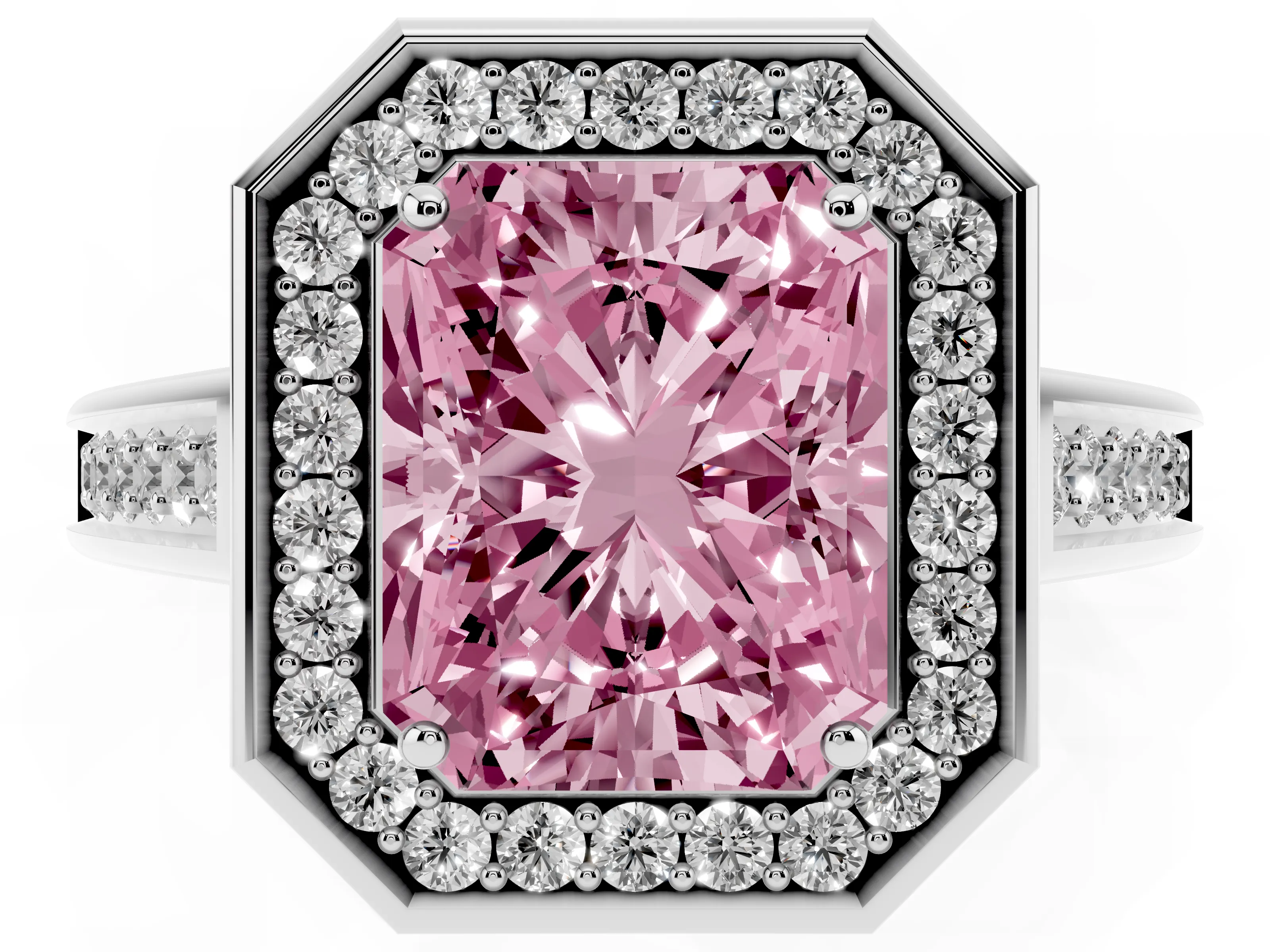 Fancy Pink Radiant Cut Diamond Halo Solitaire Ring Set in White gold with Pavé Band and Bezel Setting