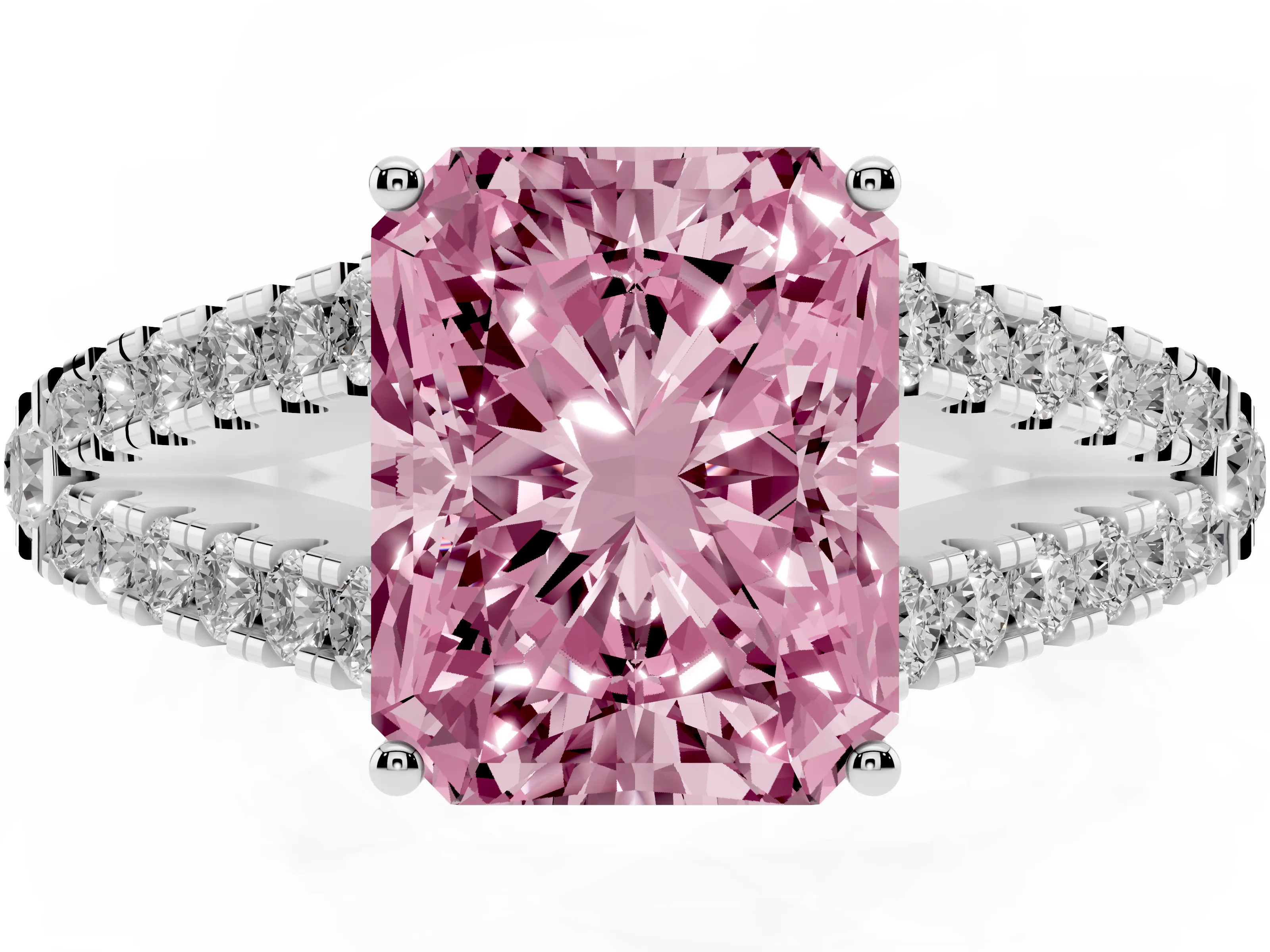 Fancy Pink Radiant Cut Diamond Split Shank Pavé Engagement Ring Set in Platinum with Prong-Held Center Stone