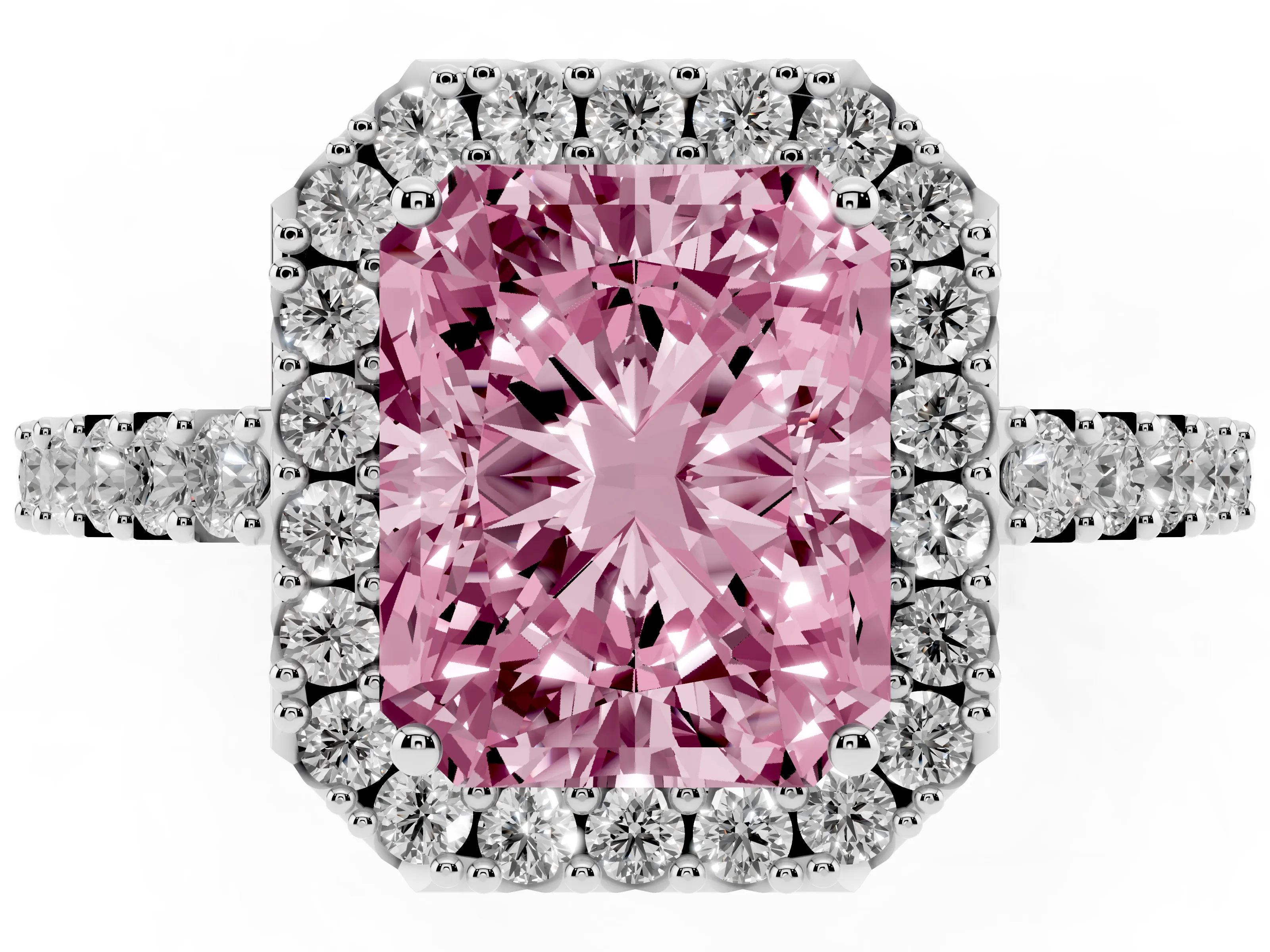 Fancy Pink Radiant Cut Diamond Halo Pavé Solitaire Ring Set in White gold with Prong-Set Center Stone