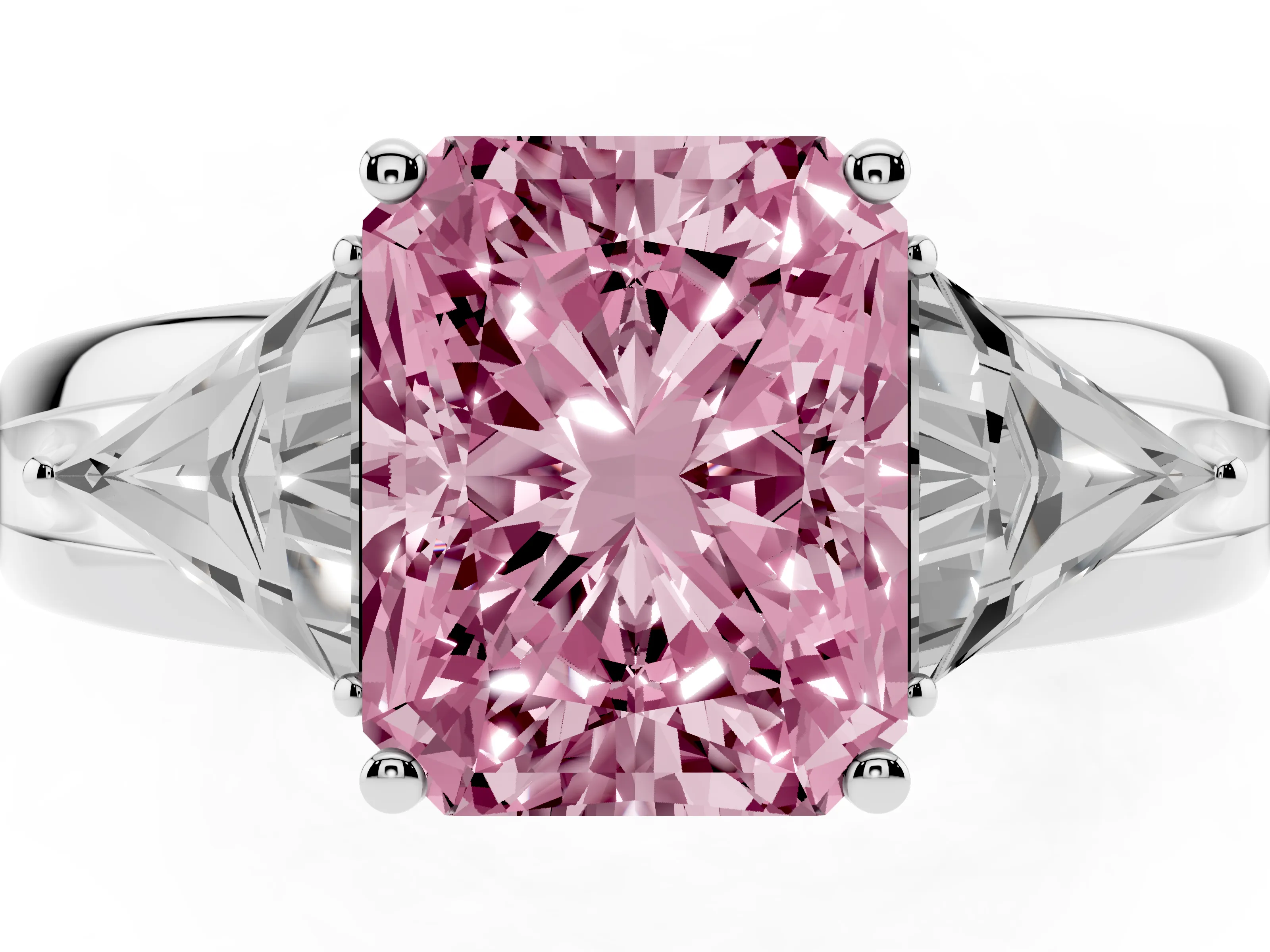Fancy Pink Radiant Cut Diamond Three-Stone Ring Set in Silver with Trillion Side Stones and Split Shank