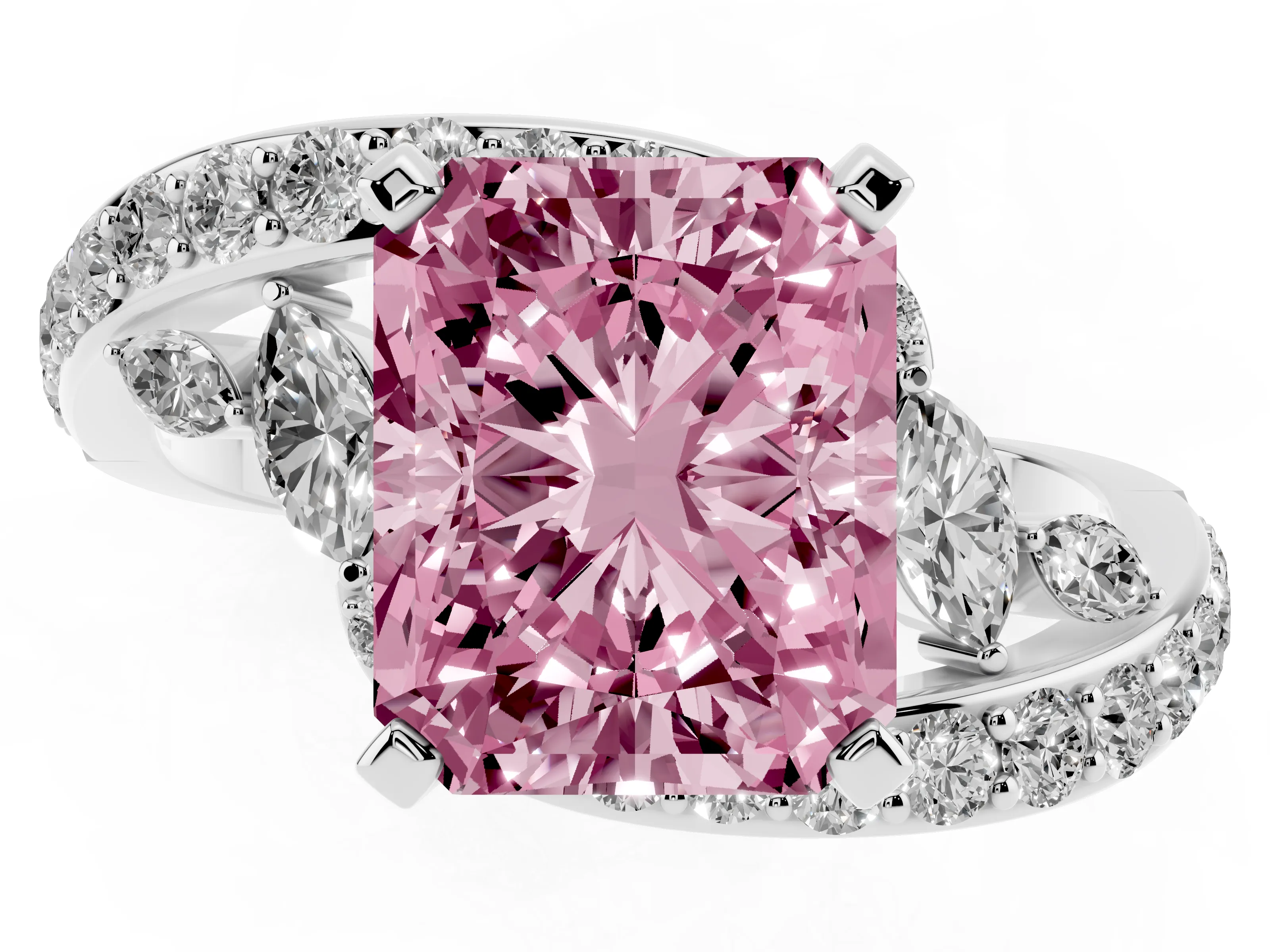 Fancy Pink Radiant Cut Diamond Solitaire Ring Set in White gold with Pavé Twist Band and Secure Prong Setting