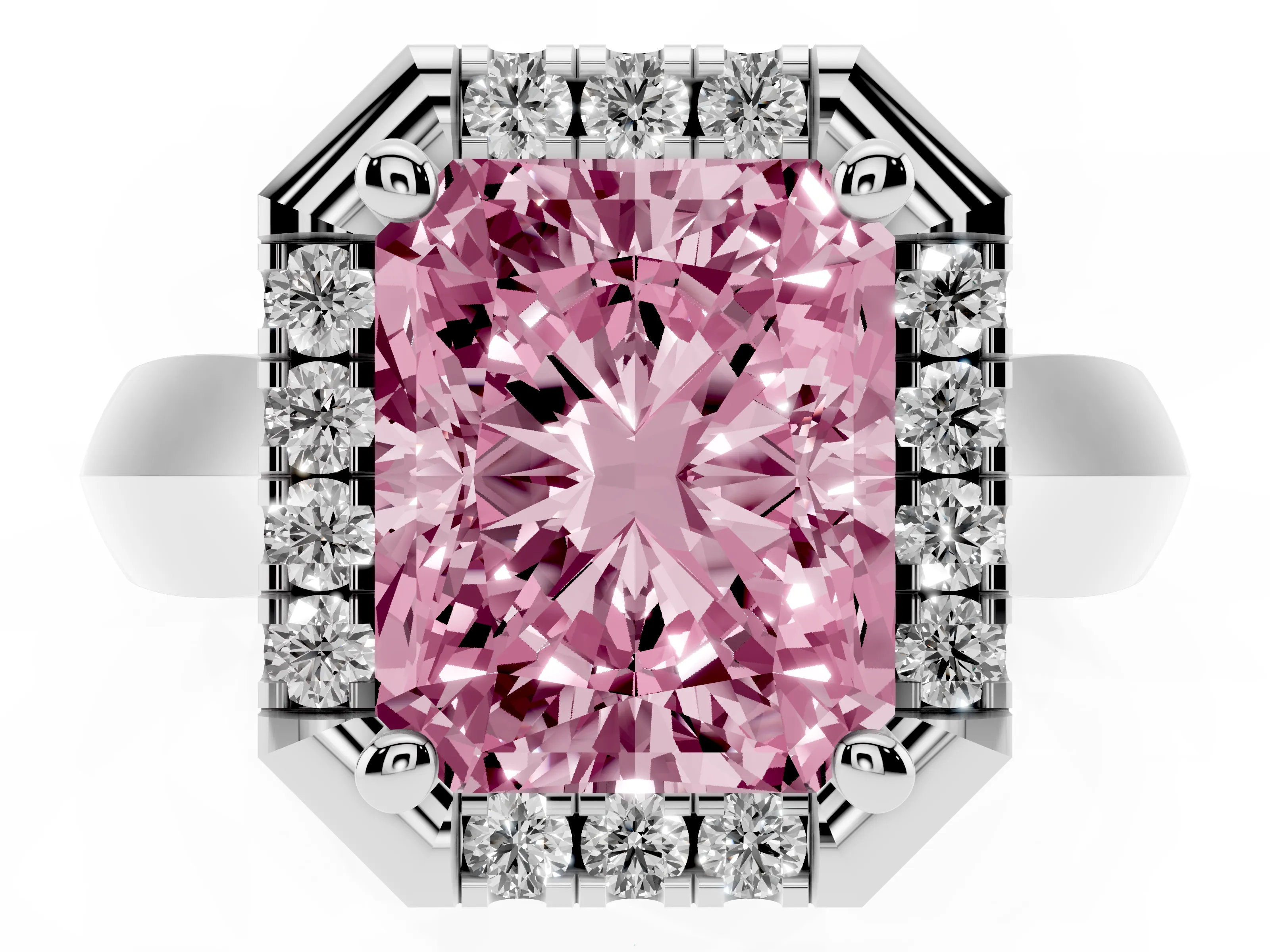 Fancy Pink Radiant Cut Diamond Halo Solitaire Engagement Ring Set in White gold with Square Band and Prong Setting