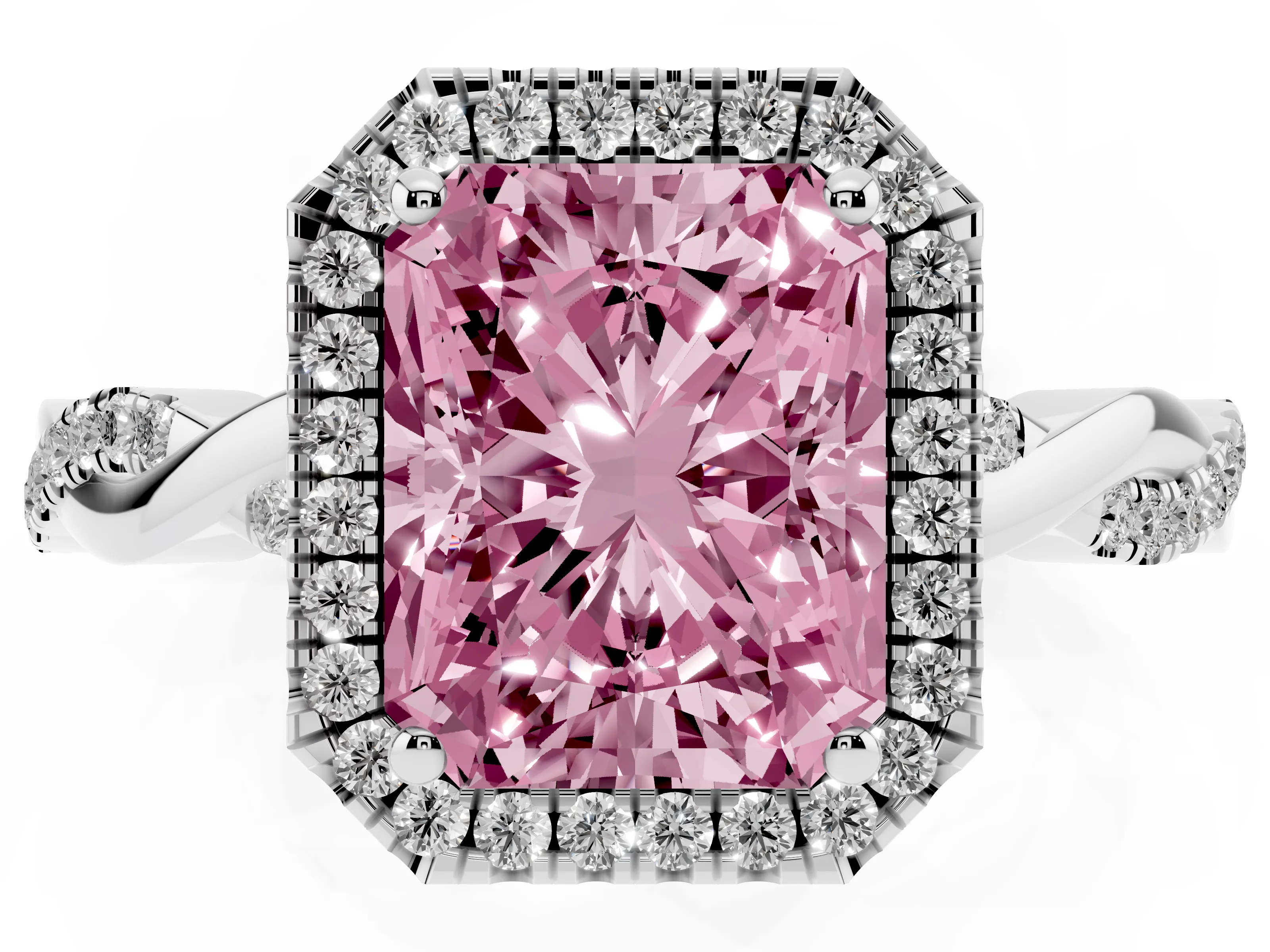 Fancy Pink Radiant Cut Diamond Halo Twisted Band Ring Set in Platinum with Prong Setting