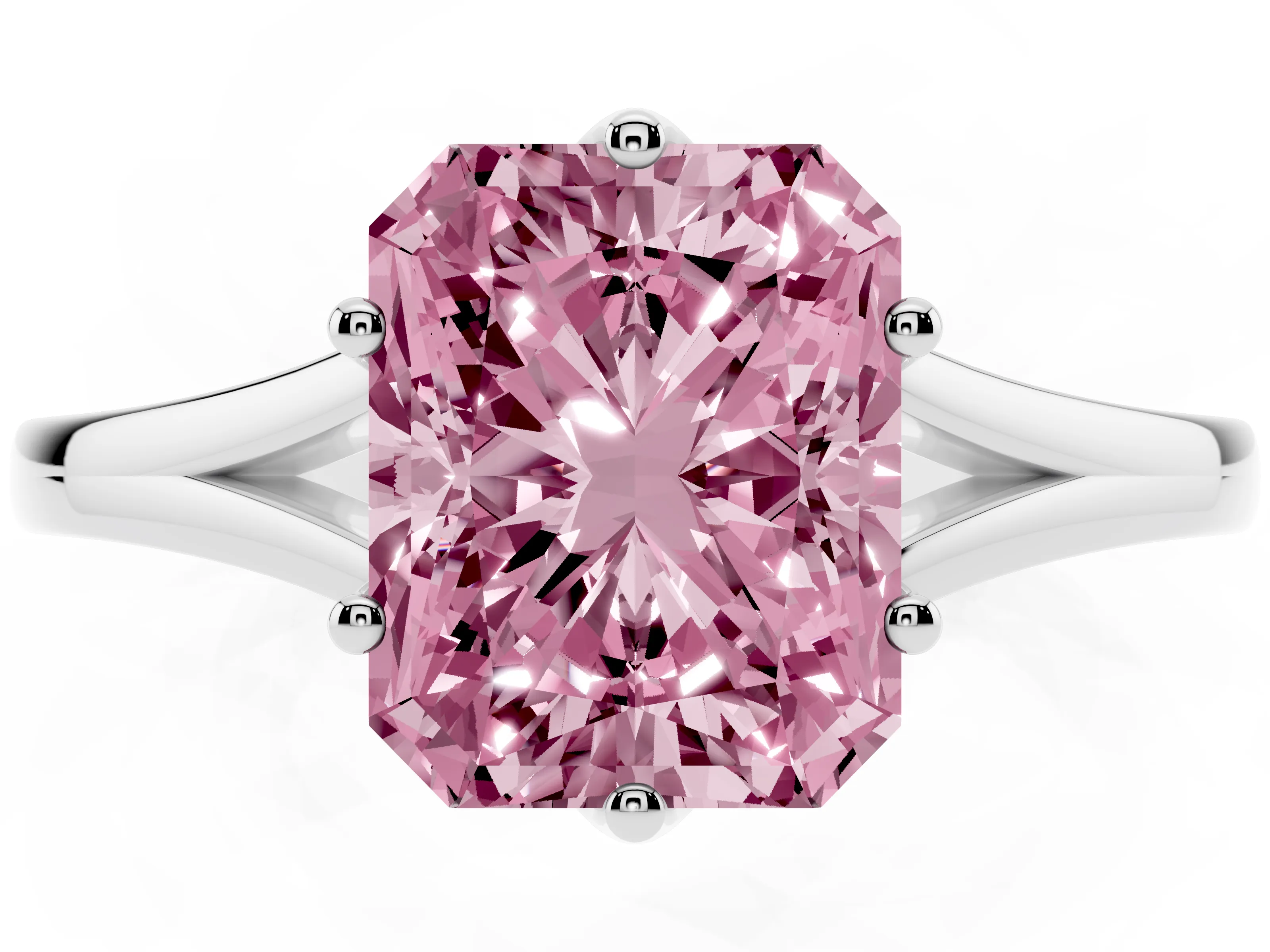 Fancy Pink Radiant Cut Diamond Solitaire Ring Set in Platinum with Polished Tapered Band and Prong Setting