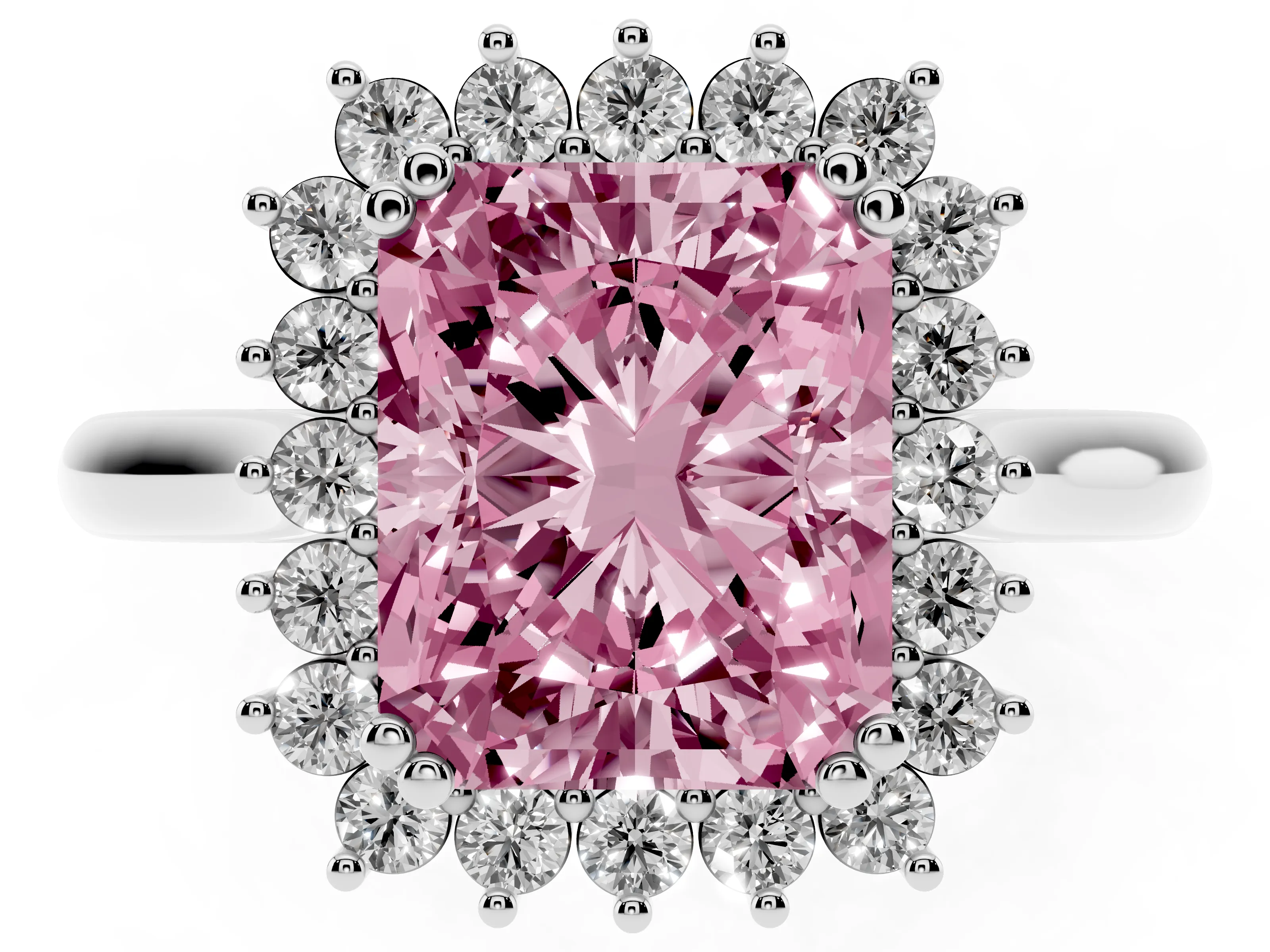 Fancy Pink Radiant Cut Diamond Halo Ring Set in Platinum with Plain Solitaire Band and Prong Setting